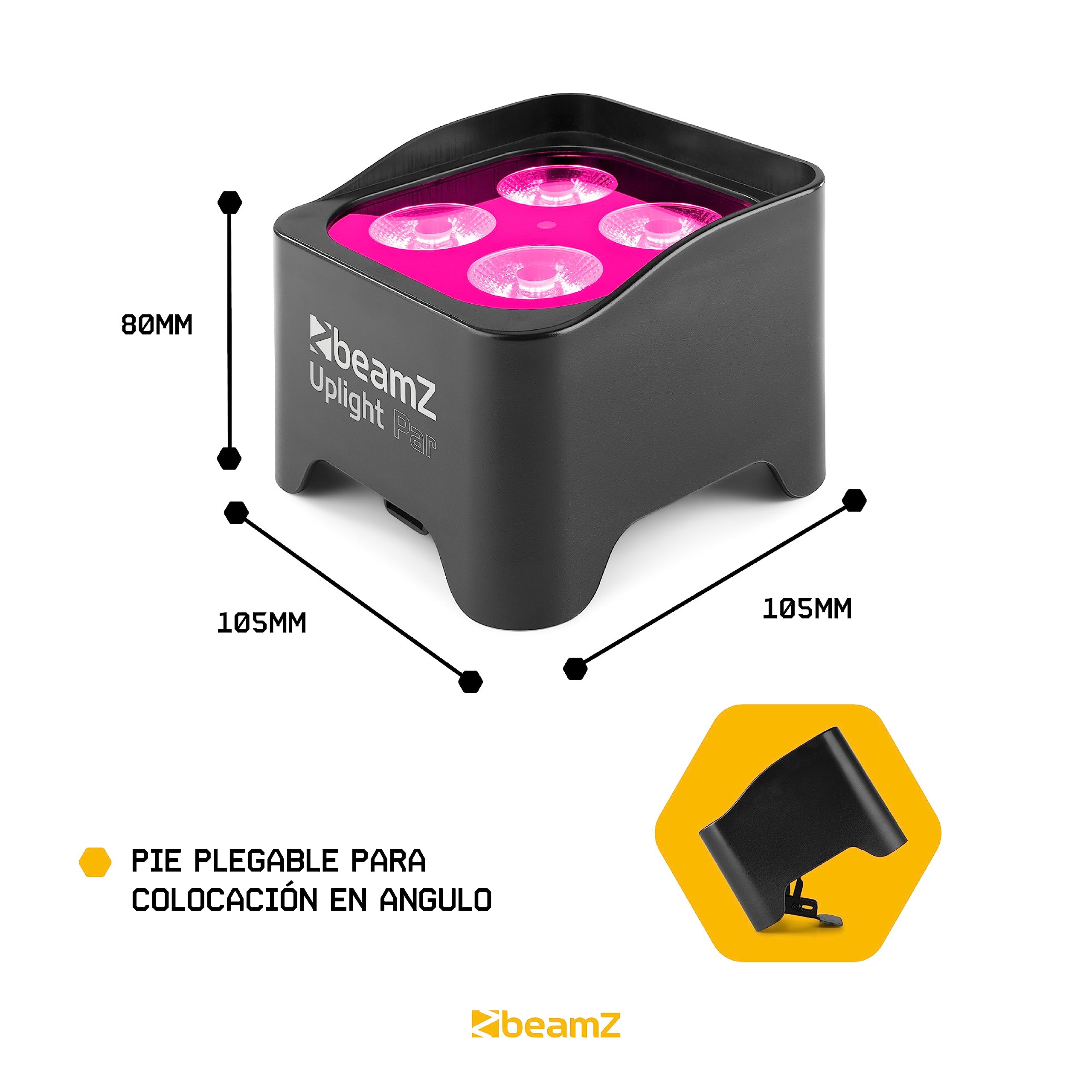BeamZ BBP90 – Foco Par Led a batería 4 x 4W RGB-UV, hasta 20h, recarga 3h, sin ventilador silencioso, mando IR, DMX 7ch RJ45 con adaptador XLR, 1077lx, 24°, IP20, DJ pro – Color negro