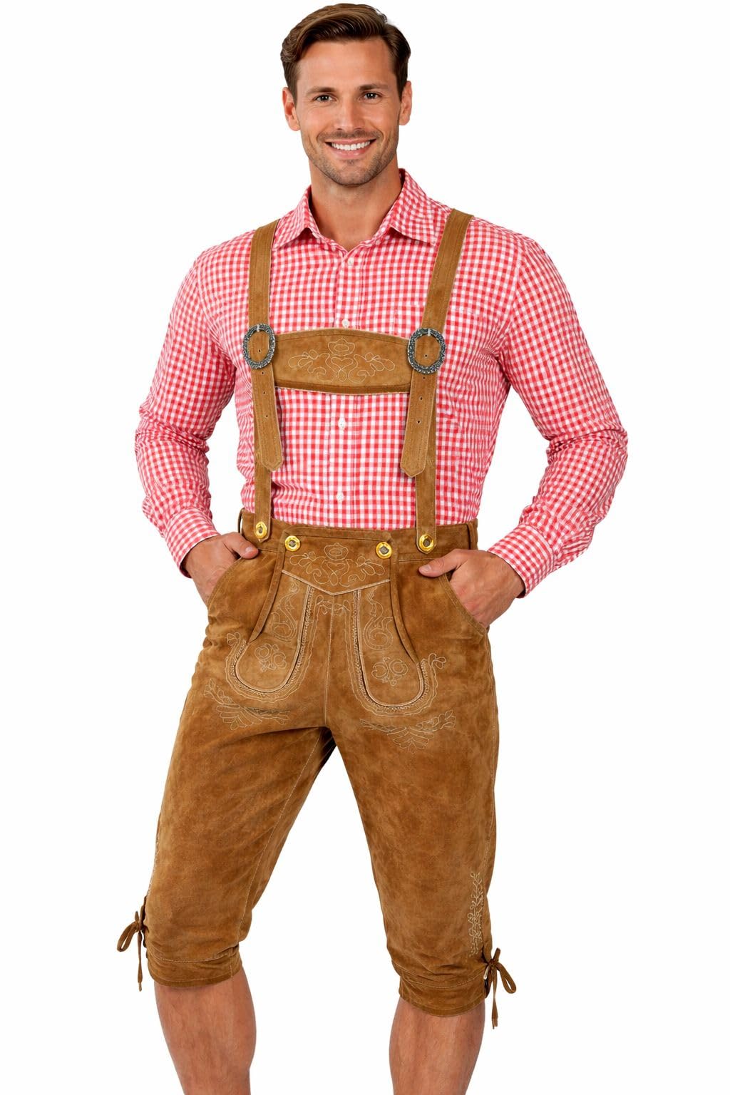 Premium Leder-Kniebundhose für Herren - Gr.46-60 -Trachten Lederhose mit Träger für Männer - Oktoberfest Hose Lederhose mit Träger