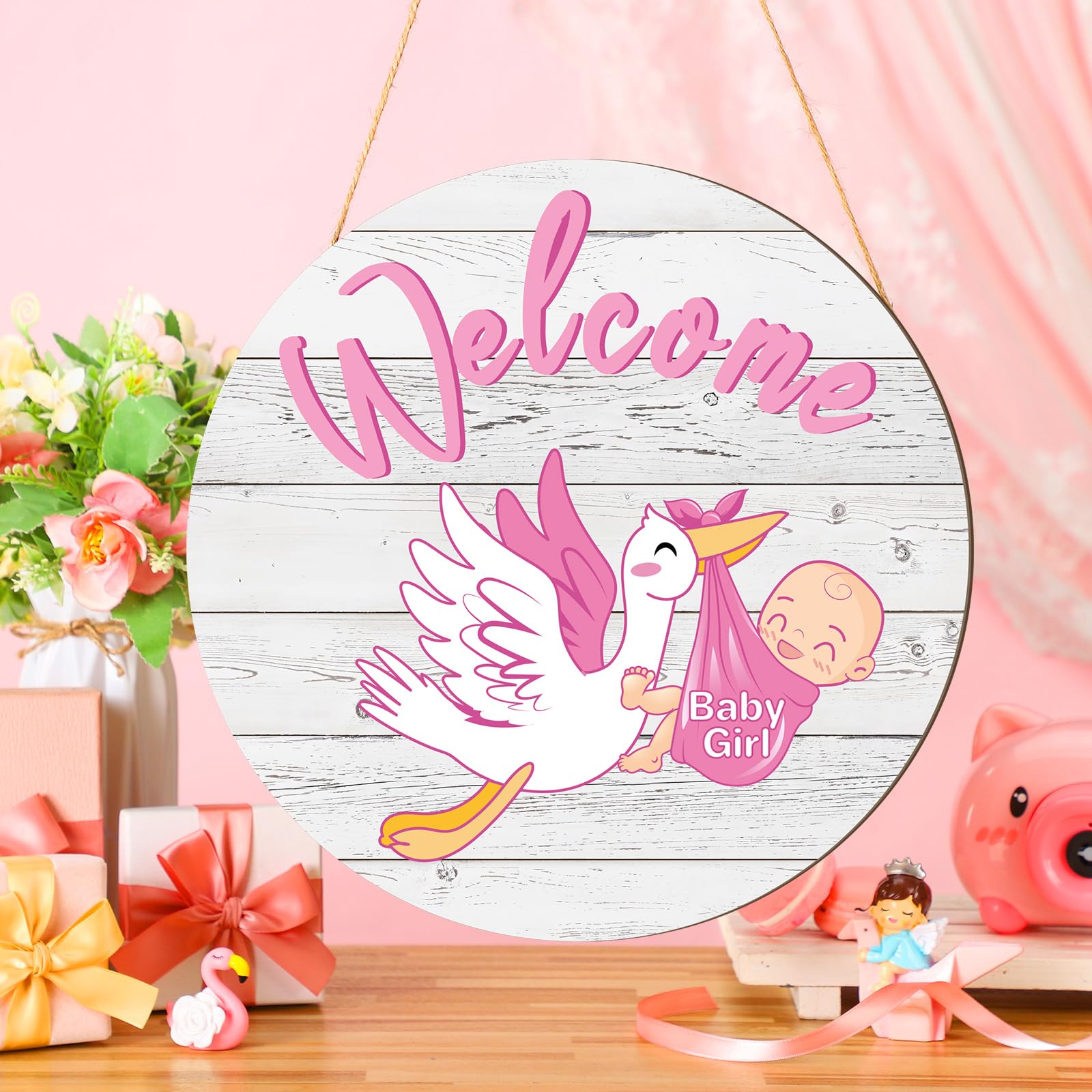 Chunful Baby Girl Door Sign Gender Reveal Welcome Sign Hanging Wreath Round Rustic Wood Farmhouse Decorations Holiday Front Door Decor for Baby Shower Porch Party Supplies