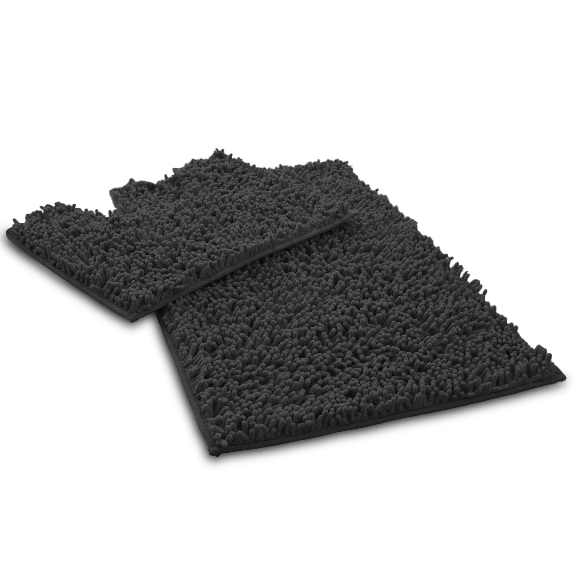 VELVETIO Loop Bath Mat Set For Bathroom, 2 Piece Super Soft Water Absorbent 100% Microfiber Chenille Toilet Rugs, Memory Foam Anti Slip Shower & Bathtub Rug Sets, Charcoal