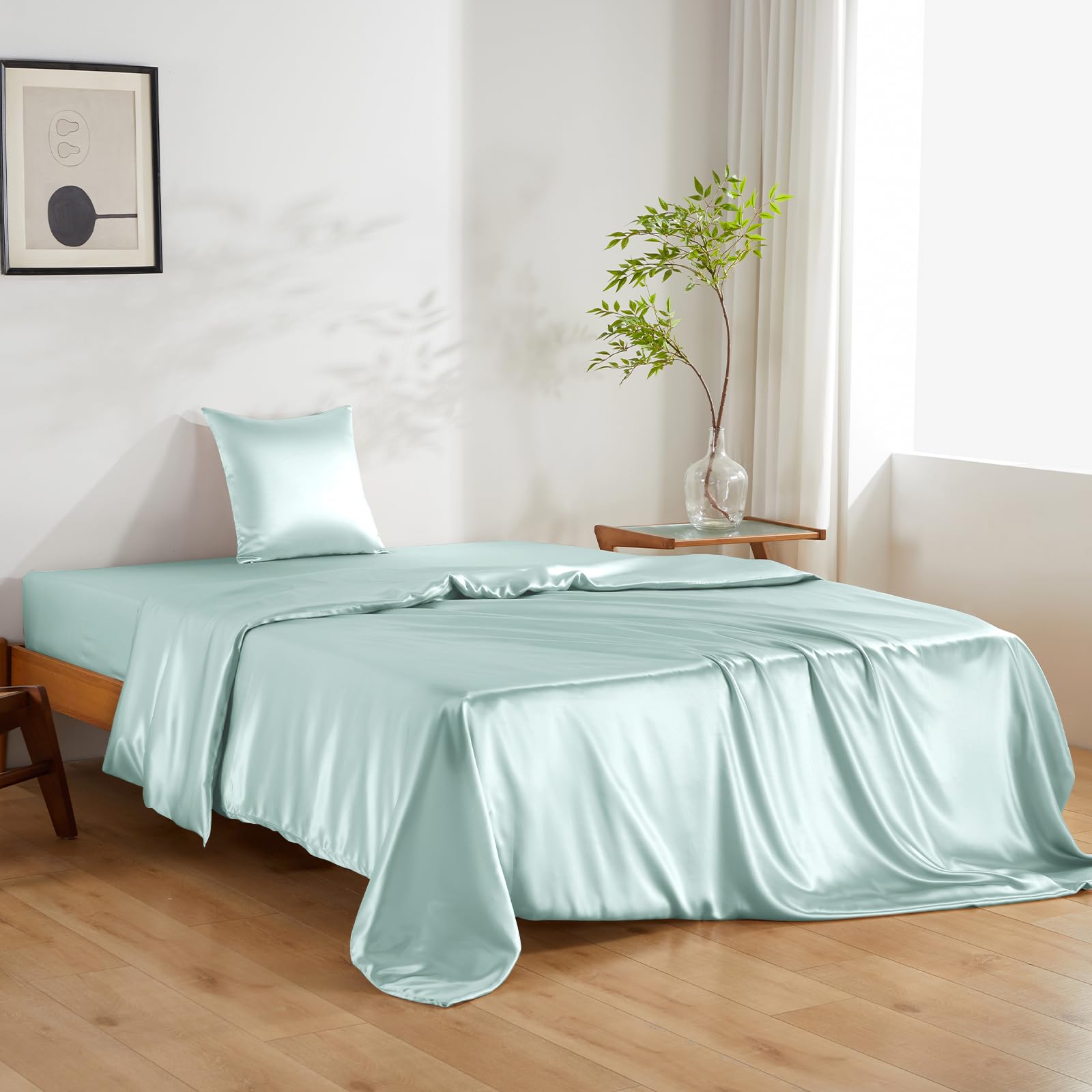 THXSILK Seidenbettwäsche Set 2 teilig，Bettbezug 135 x 200 cm und 80 x 80 cm Kissenbezug, Luxus Seide Bettwäsche Set, Super Weich und Glatt, Hellblau