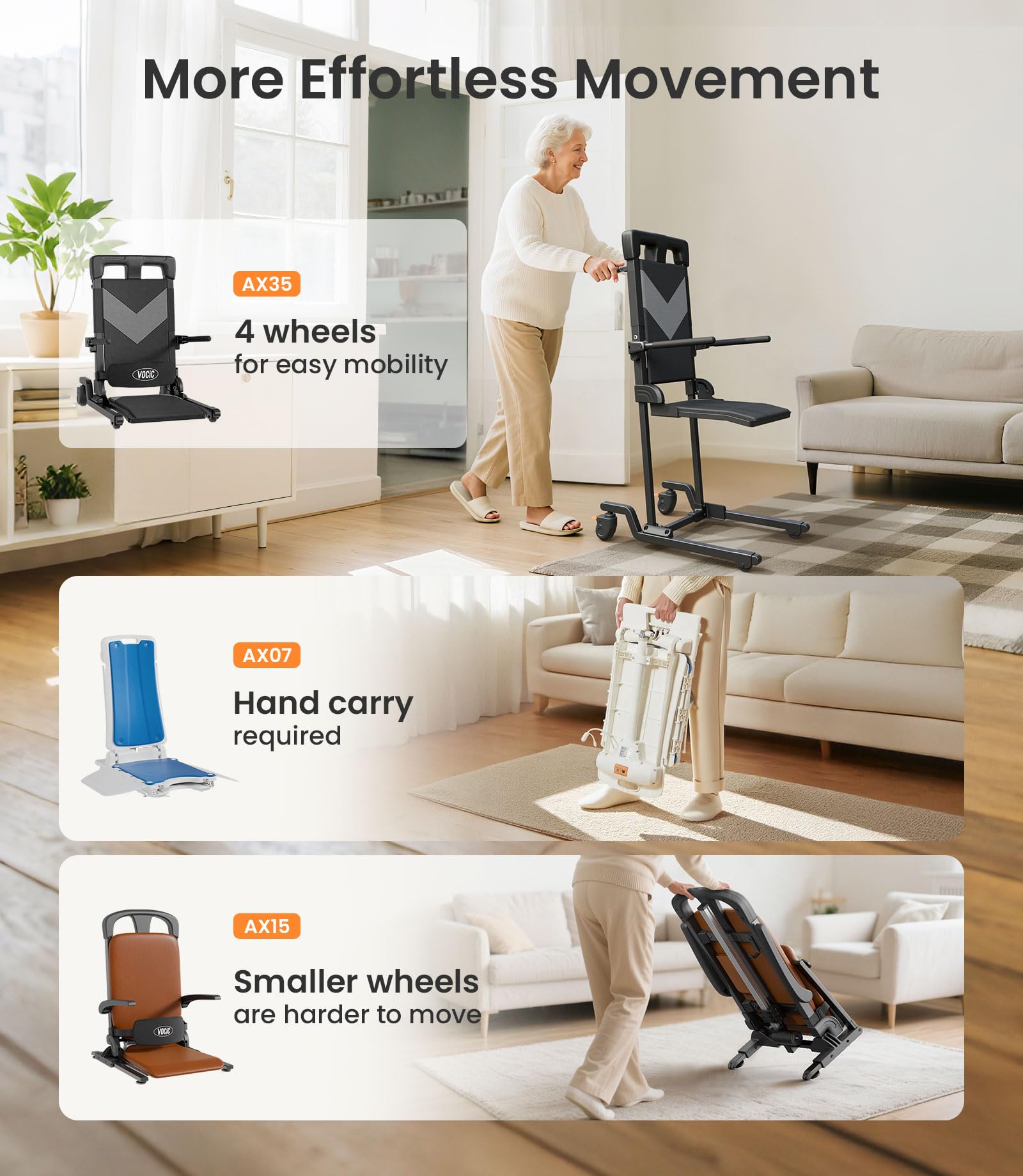 VOCIC Electric Chair Lift Get Up from Floor Movable with 4 Wheels Portable Rolling Chair Lift with T-Stabilized Base Short-Distance Transport Lift for Elderly from Floor Supports 350 LBS AX35 product thumbnail 4