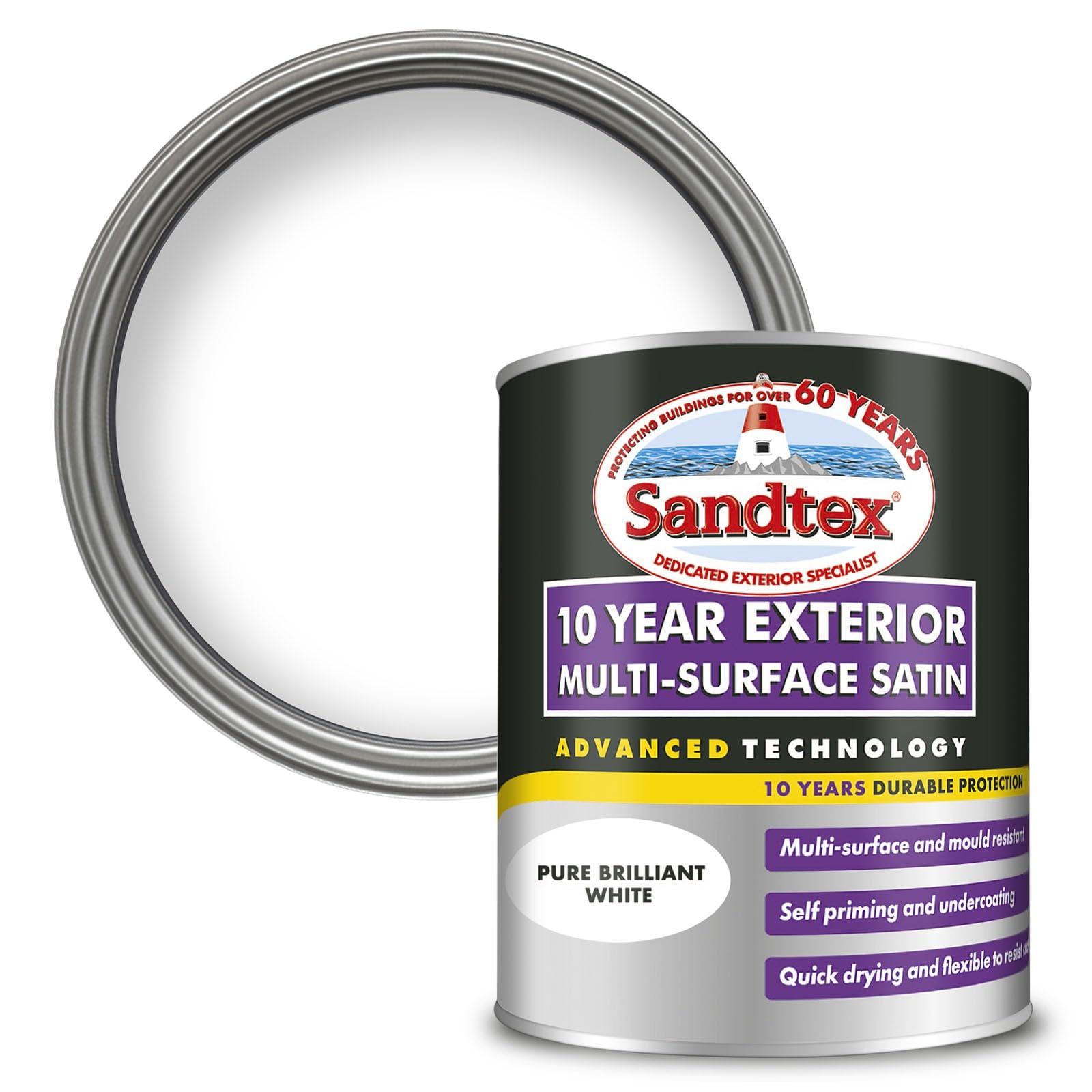 Sandtex 10 Year Pure Brilliant White Satin Multi-Surface Paint750Ml Tin from B&Q
