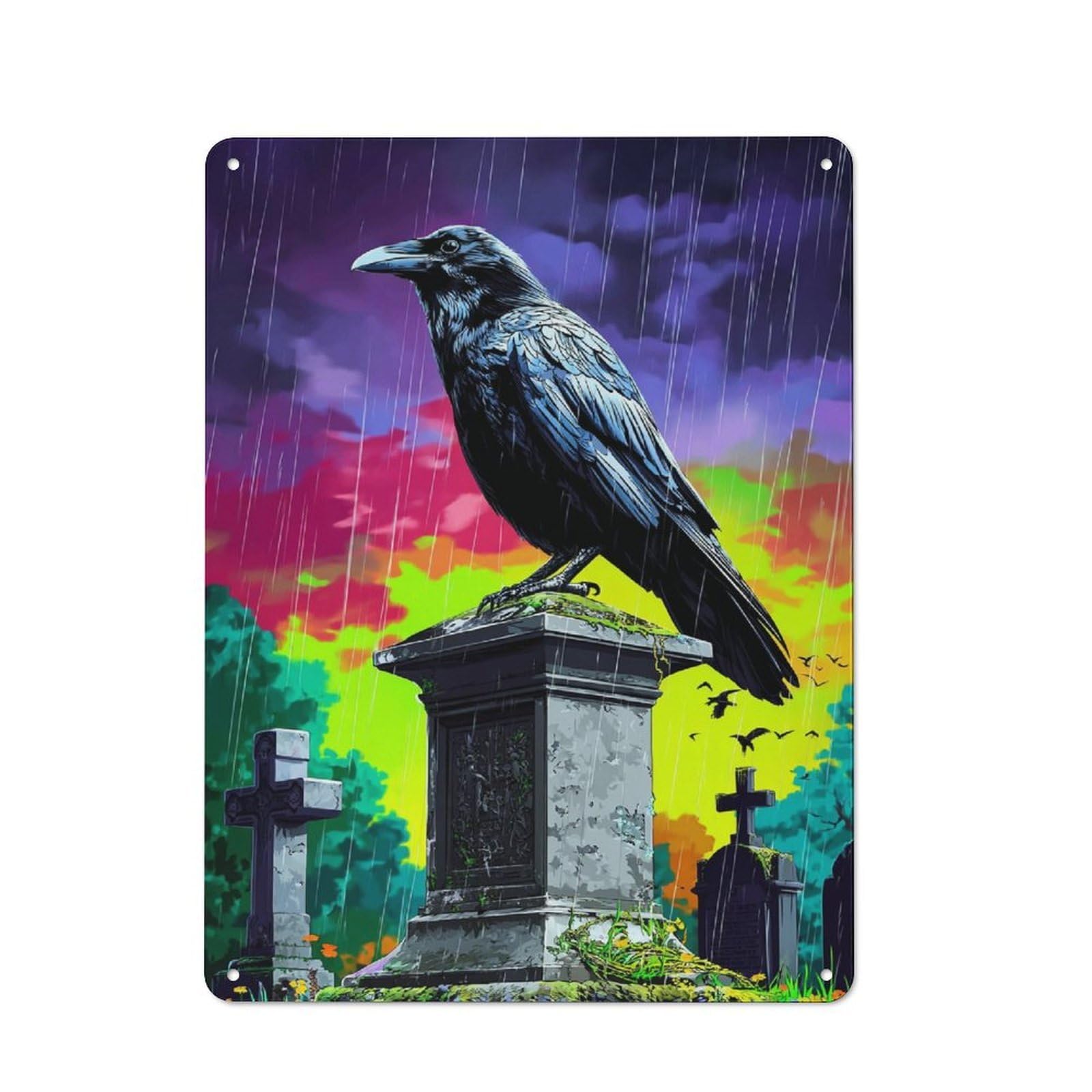 Junmoney Rainbow Graveyard Raven-2 Cottage Metal Wall Decor 40X30cm, Shed Metal Sign For Conservatory, Home Bar Or Utility Room