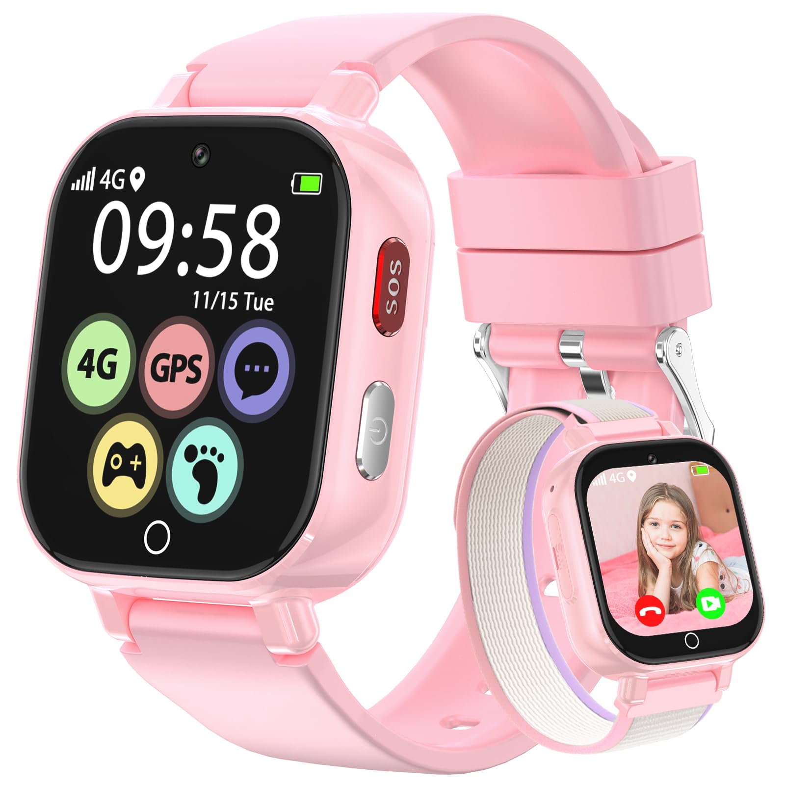 Alutoria Alutoria Reloj Inteligente niños-Reloj con GPS y Llamadas 4G Videollamadas Chat de Voz Mensajes SOS WiFi Juegos Podómetro-Reloj Smart Watch Niños Regalos 4-13 Rosa