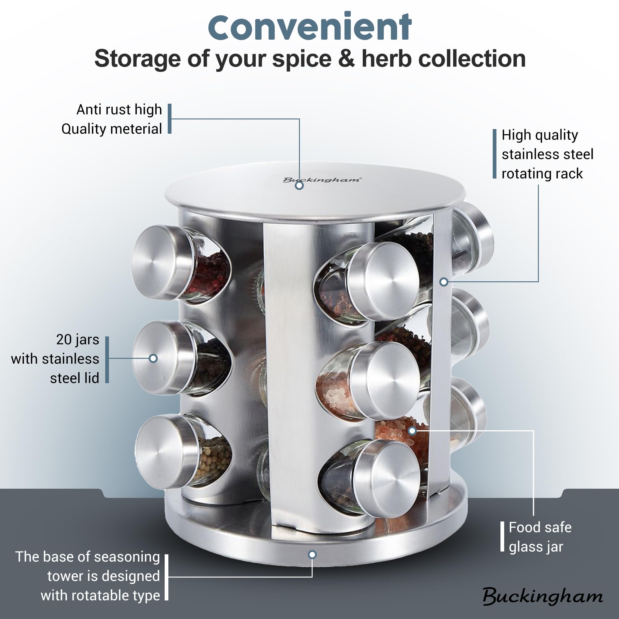 Buckingham 30920 - Estante giratorio de acero inoxidable con cristal, organizador de carrusel para especias y hierbas de cocina (12 tarros)
