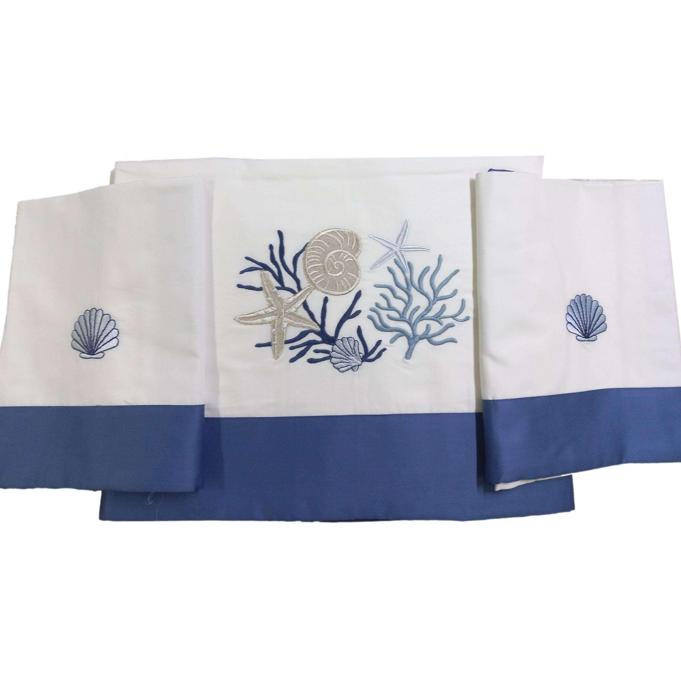 RICAMI FIORENTINI BALDI Completo Lenzuolo in Cotone 100% con Balza in Raso e Ricamo Conchiglie e Corallo. Prodotto Artigianale Toscano. (Amalfi, Matrimoniale Standard, Blu)