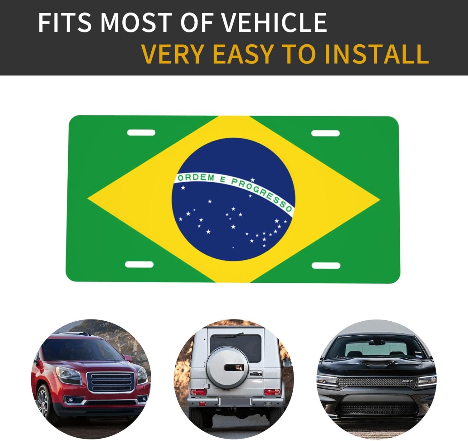 Brazilian Flag License Plate, 0.6 mm Thick, 12 x 6 inches, Decorative, Aluminum.