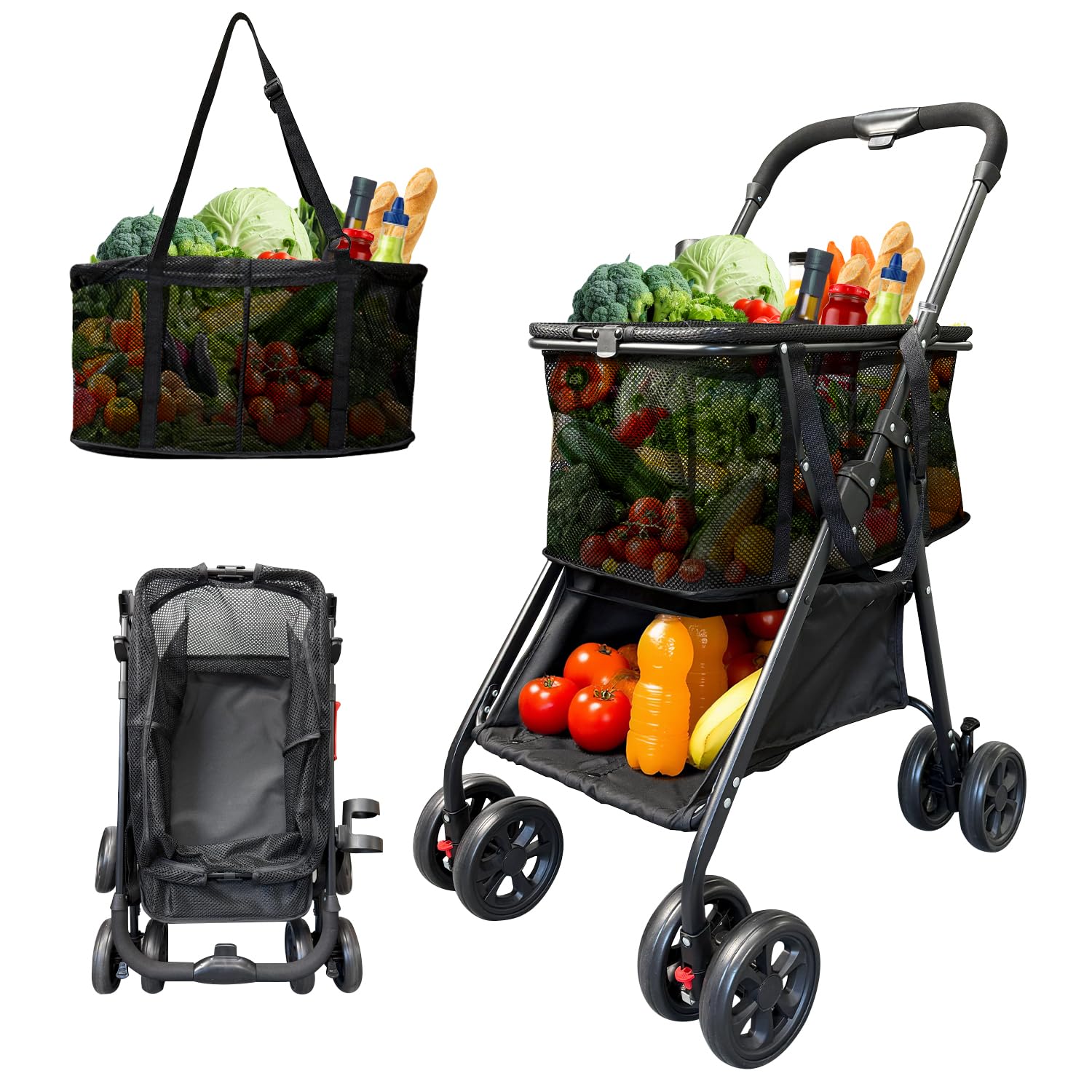 Multifunctional Folding Shopping Cart (80 lbs), One-Click Folding, Detachable Baskets & 360°Swivel Wheels, 40 Gallon Large Capacity Portable Hand Cart for Groceries, Laundry, Camping