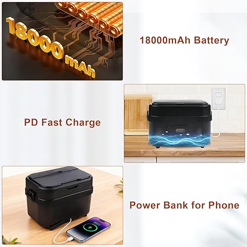 Miniatura 4 de Lonchera portátil con calefacción de 18000 mAh, recargable, inalámbrica, eléctrica, 1.5L, calentador de alimentos autocalentable para exteriores,