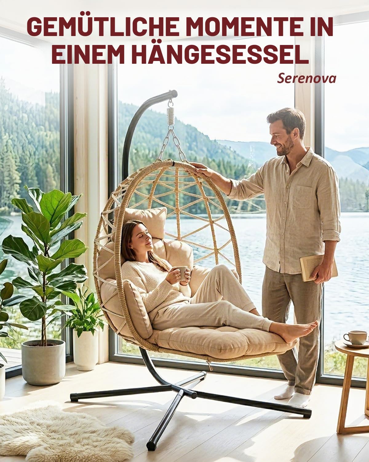 Hängesessel mit Gestell, Hängestuhl Outdoor mit Abnehmbarer Fußstütze, Garten Hängesessel mit Dickem Sitzkissen & Waschbarem Bezug, Hängeschaukel Bis 150kg, Hängestuhl für Leseecke Balkon Terrasse