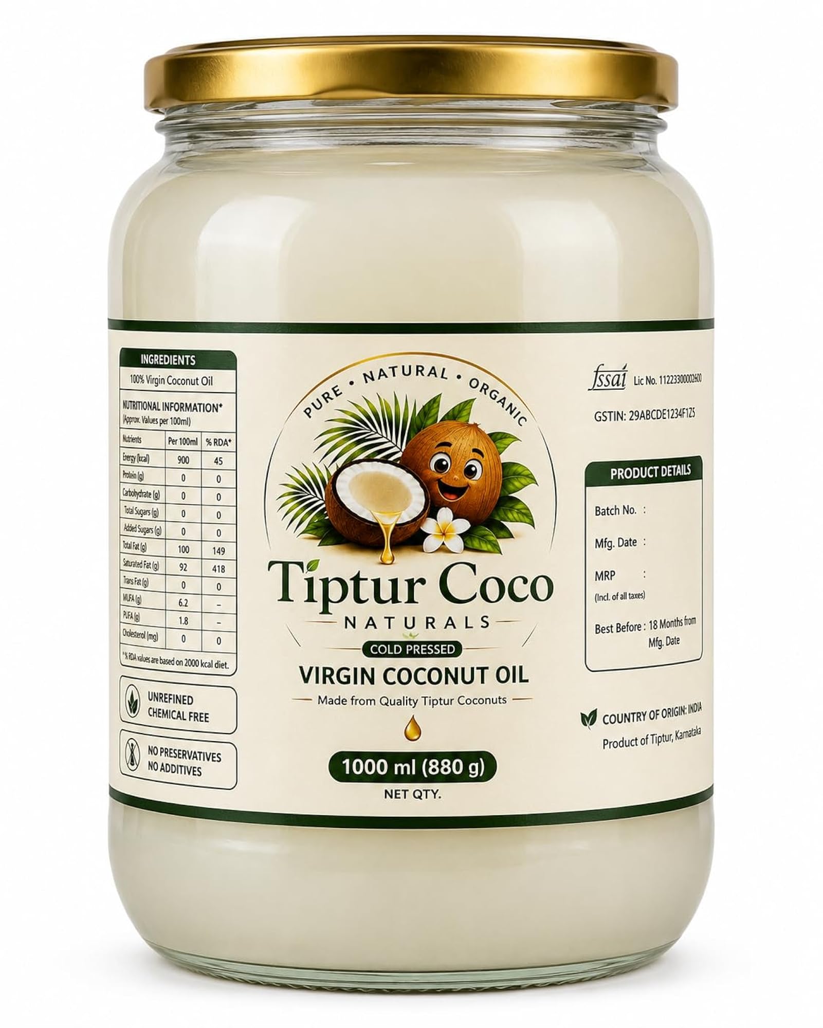 Virgin Coconut Oil, Cold Pressed for Hair & Skin