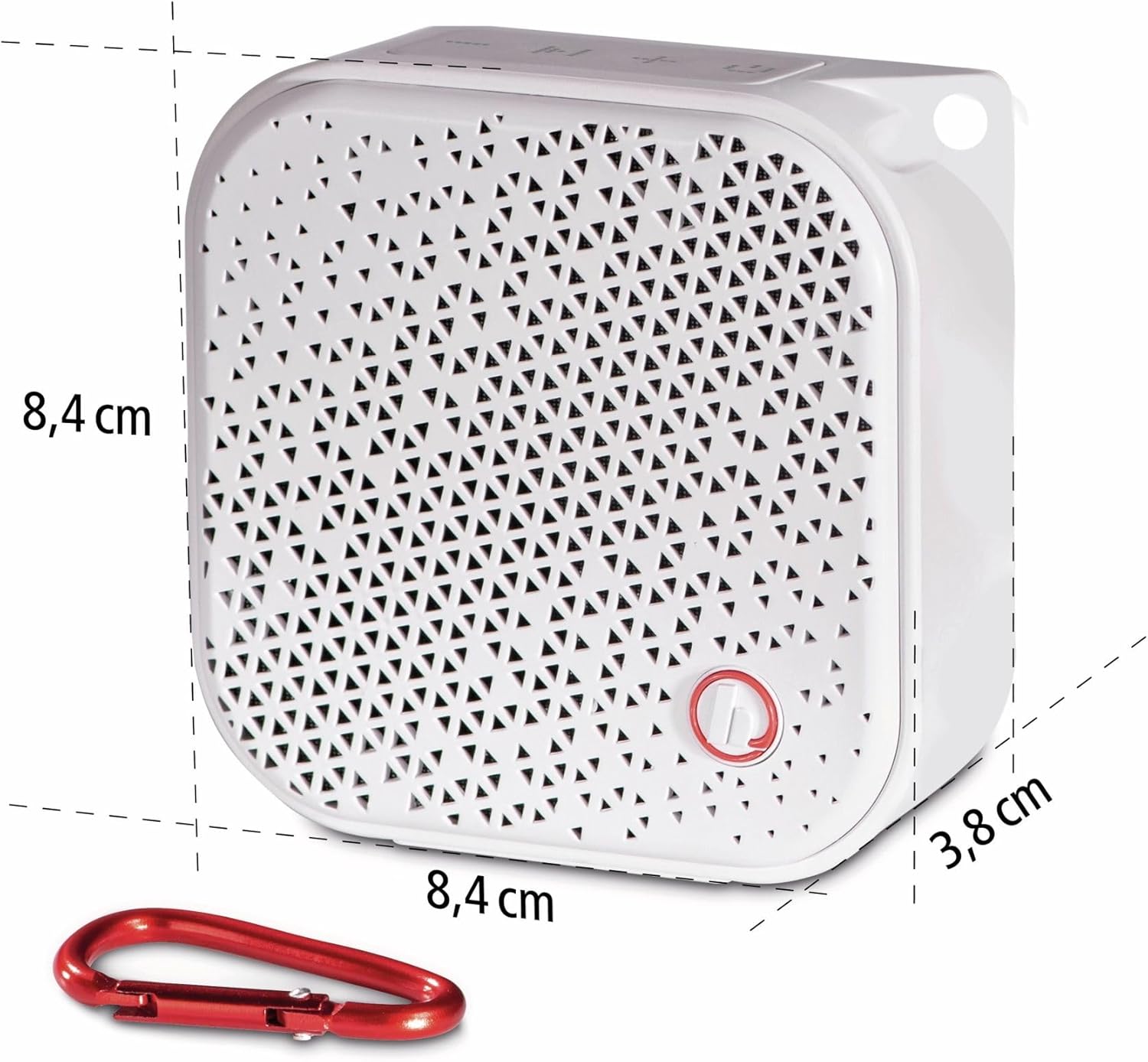 Hama Bluetooth Pocket 2.0 speaker with dimensions labeled: 8.4 cm width, 8.4 cm height, 3.8 cm depth