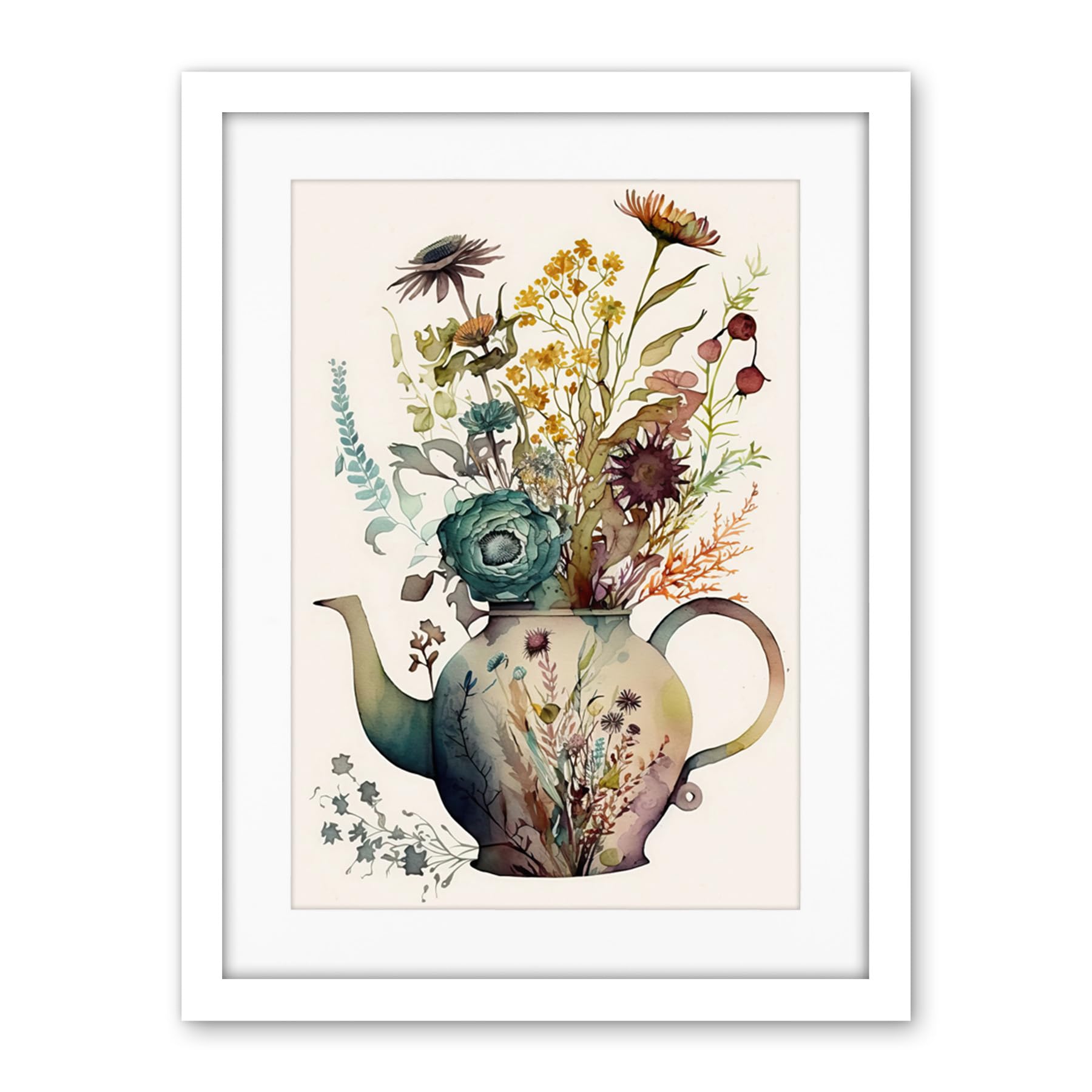 Artery8 Flower Bouquet in a Floral Pattern Ceramic Teapot Artwork Framed Wall Art Print 18X24 Inch