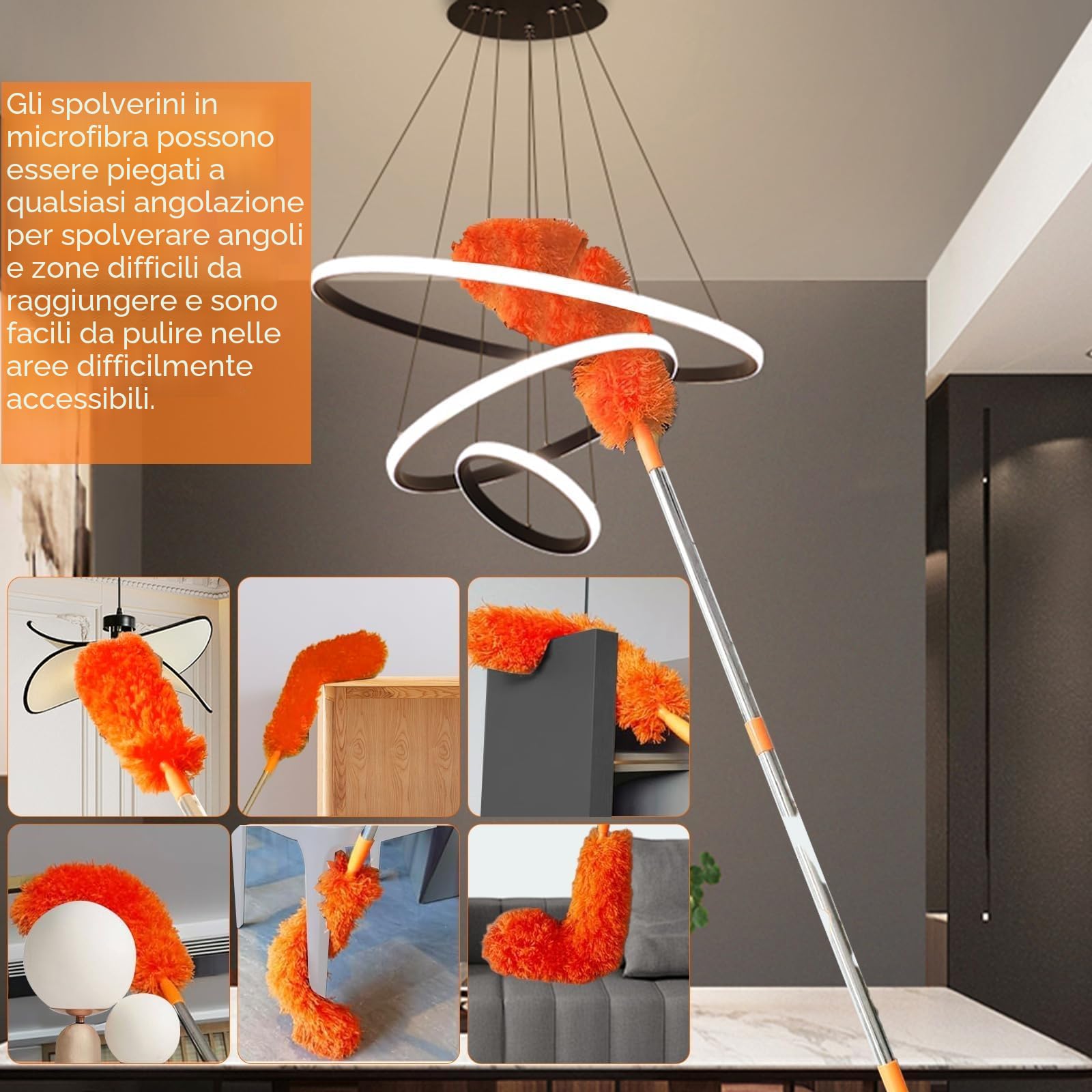 Spolverino per Polvere Allungabile 6m,con Asta Telescopica Regolabile da 1,5 a 4,9 m, Cattura-Polvere Telescopico In Microfibra, Scopa Polvere Pulizia Ventilatori Soffitto, Tapparelle, Ragnatela