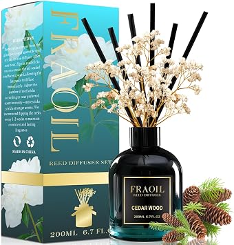 Cedarwood Reed Diffuser, Reed Diffuser Set 6.7 fl oz 200 ml with 6 Reed Sticks, Home Fragrance Reed Diffuser for Bathroom Shelf House Bedroom Office Decor
