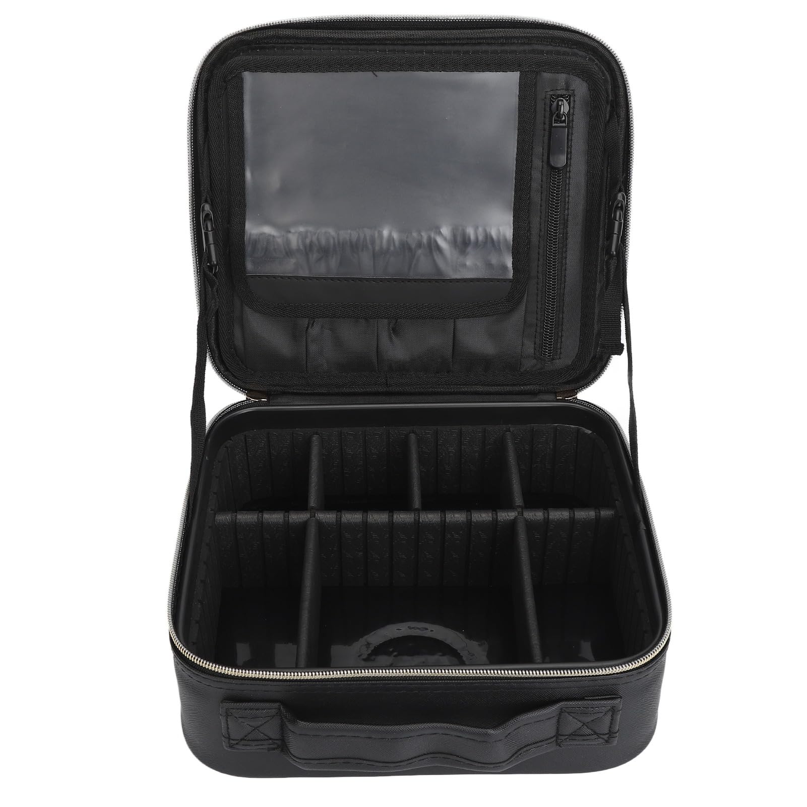 Custodia per trucco con specchio Borsa organizer per cosmetici viaggio professionale grande illuminata Luminosità regolabile 3 luci colorate Pelle PU 6 divisori 26x23x11 cm (Nera)