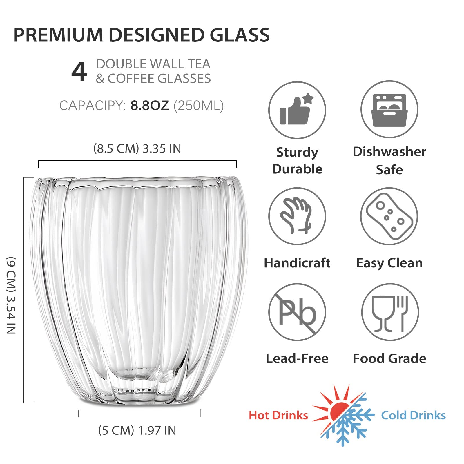 Premium Designed Double Wall Insulated Glass 4-Pack, 250ml, Coffee or Tea Glass Mugs, Thermo Insulated Glass, Perfect for Latte, Cappuccino, Americano, Tea and Beverage