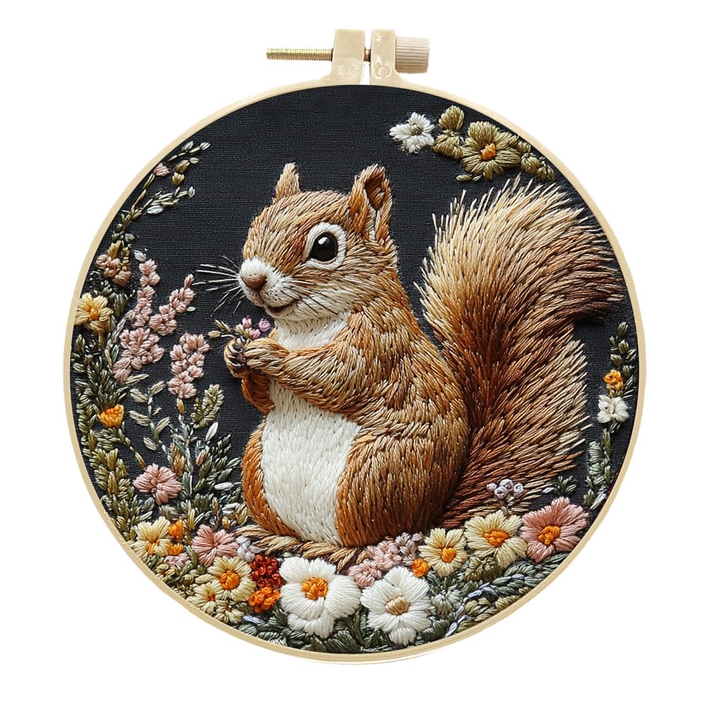 Meecaa Embroidery Kit Starter Set, Squirrel Flower Animal Hand Embroidery Set, Pattern Printed Cross Stitch Set for Beginner Adults, with Embroidery Hoop and Instructions (Squirrel)