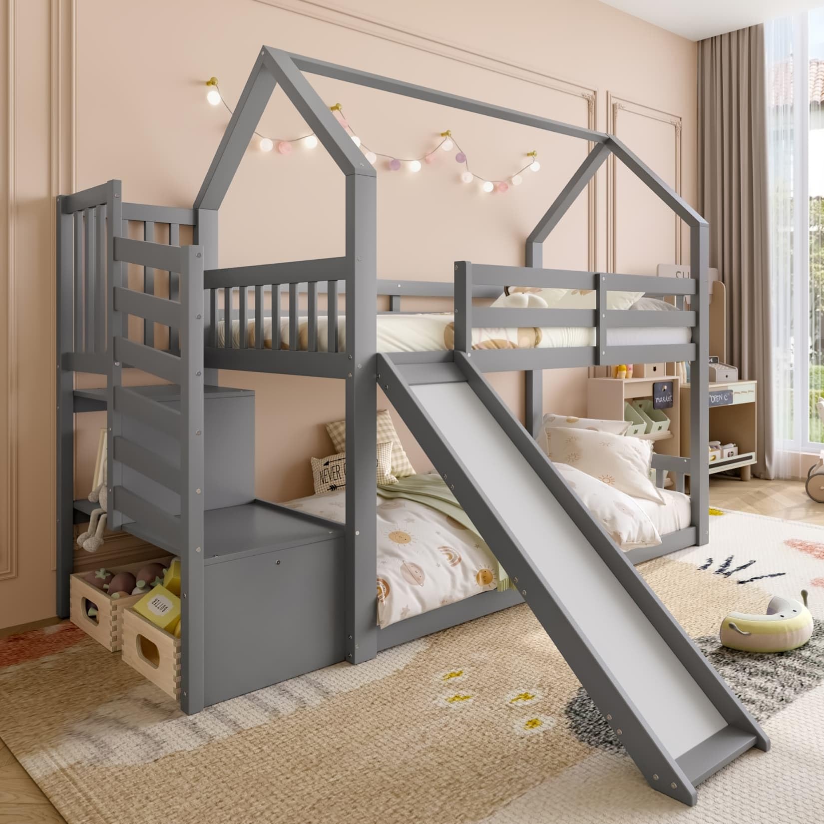 EURHCIO Lit Superposé 90x200cm,Lit Cabane avec Toboggan,Escalier de Stockage,Barrières Hautes,Sommier à Lattes Solide,pour Garçons Filles (Gris)