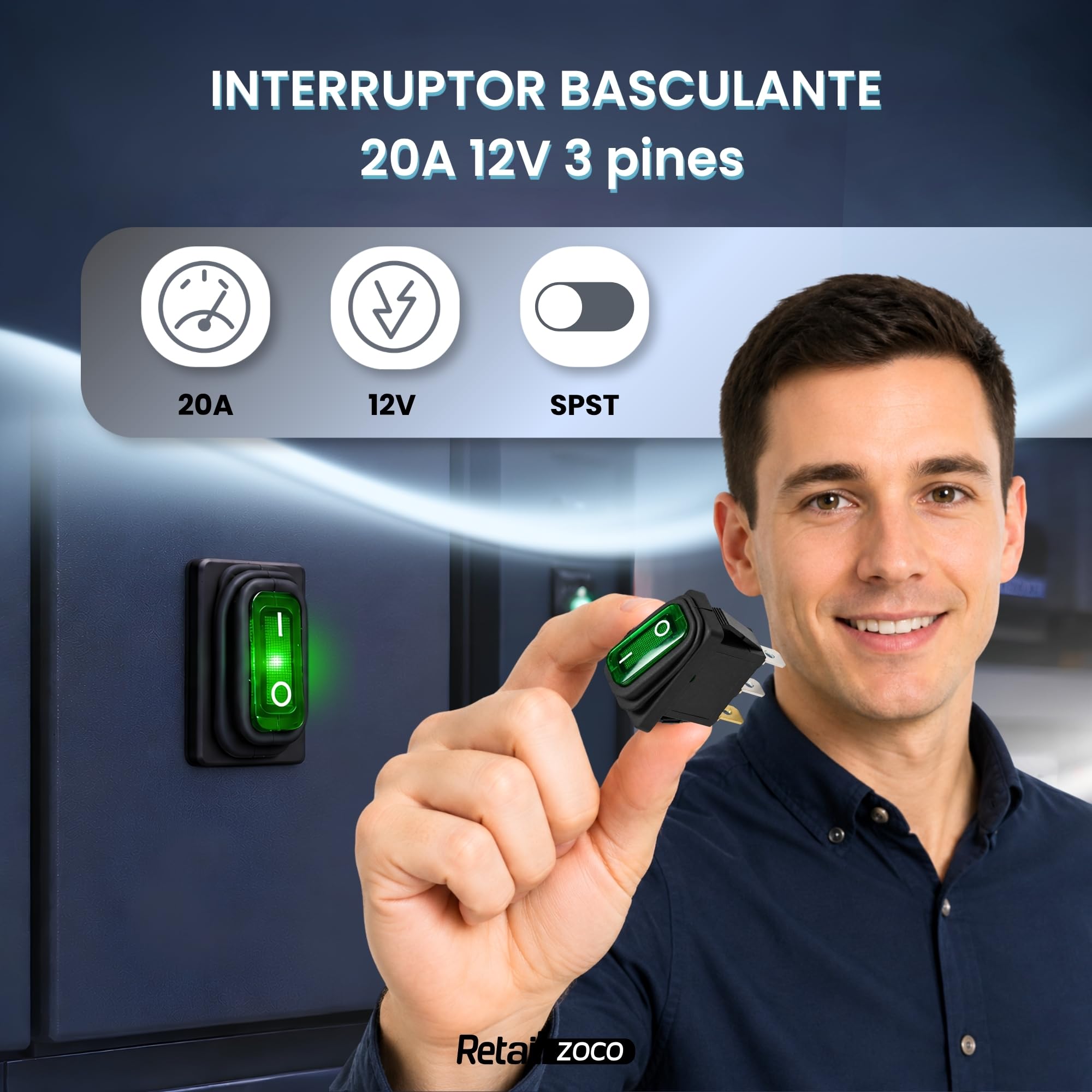 Interruptor Basculante SPST ON/OFF 3 pin, Luz Verde, 1 Unidad - imagen 2