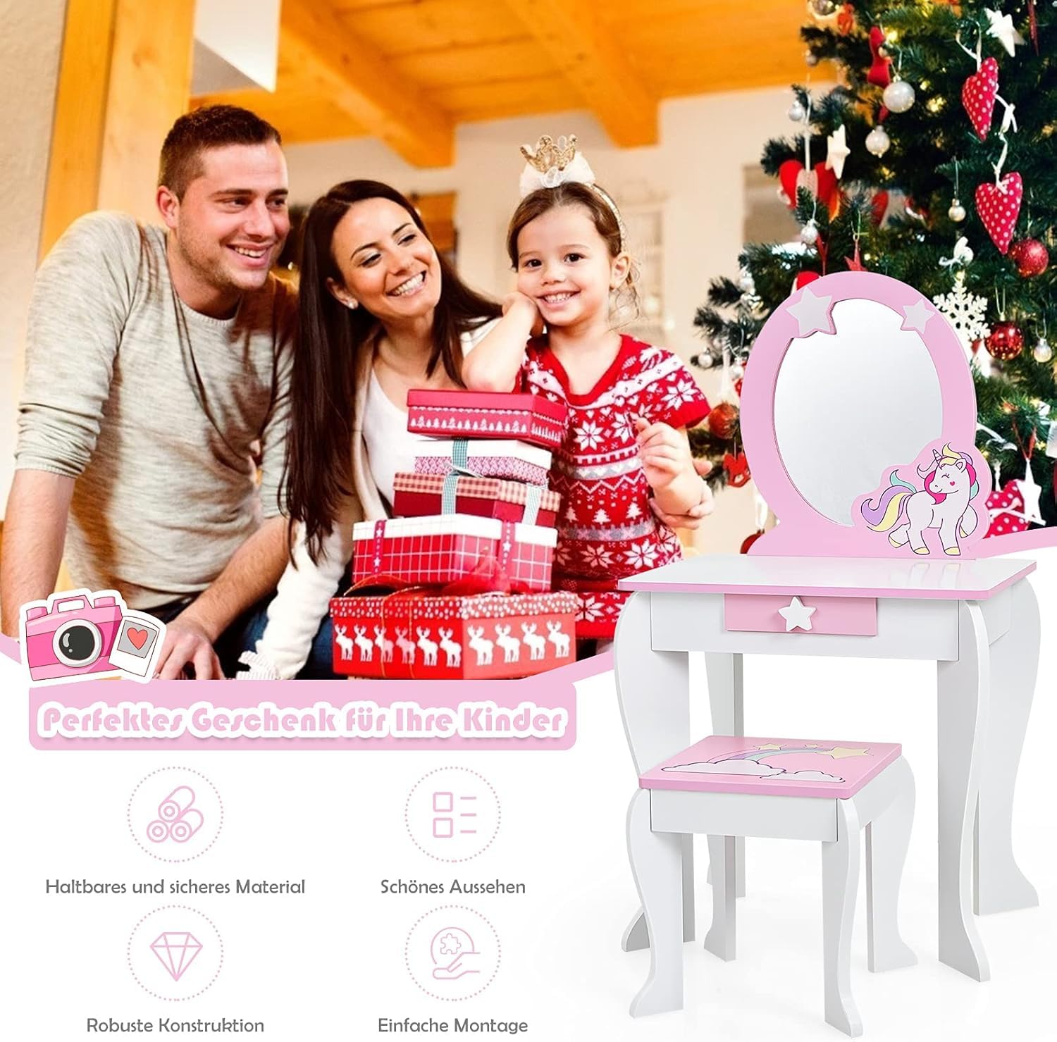 FANTASK Kinderschminktisch mit Schublade und abnehmbarem Spiegel, Prinzessinnenschminktisch mit Hocker, rosa und weißer Schminktisch für Mädchen von 3-7 Jahren
