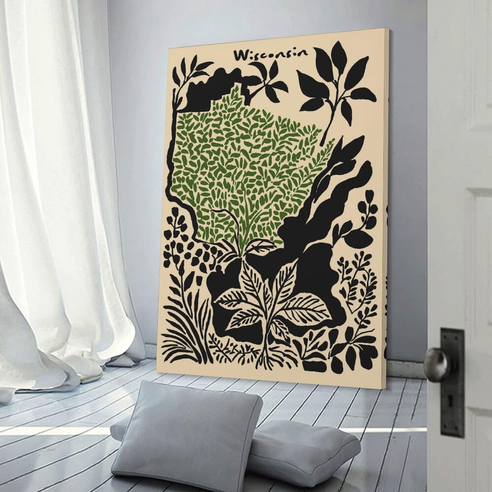 Junmoney Canvas Wall Art Wisconsin State Map with Foliage, 08x12inch(20x30cm), for Bedroom, Guest Room Or Reading Nook, Canvas Wall Decor for Personal Spaces
