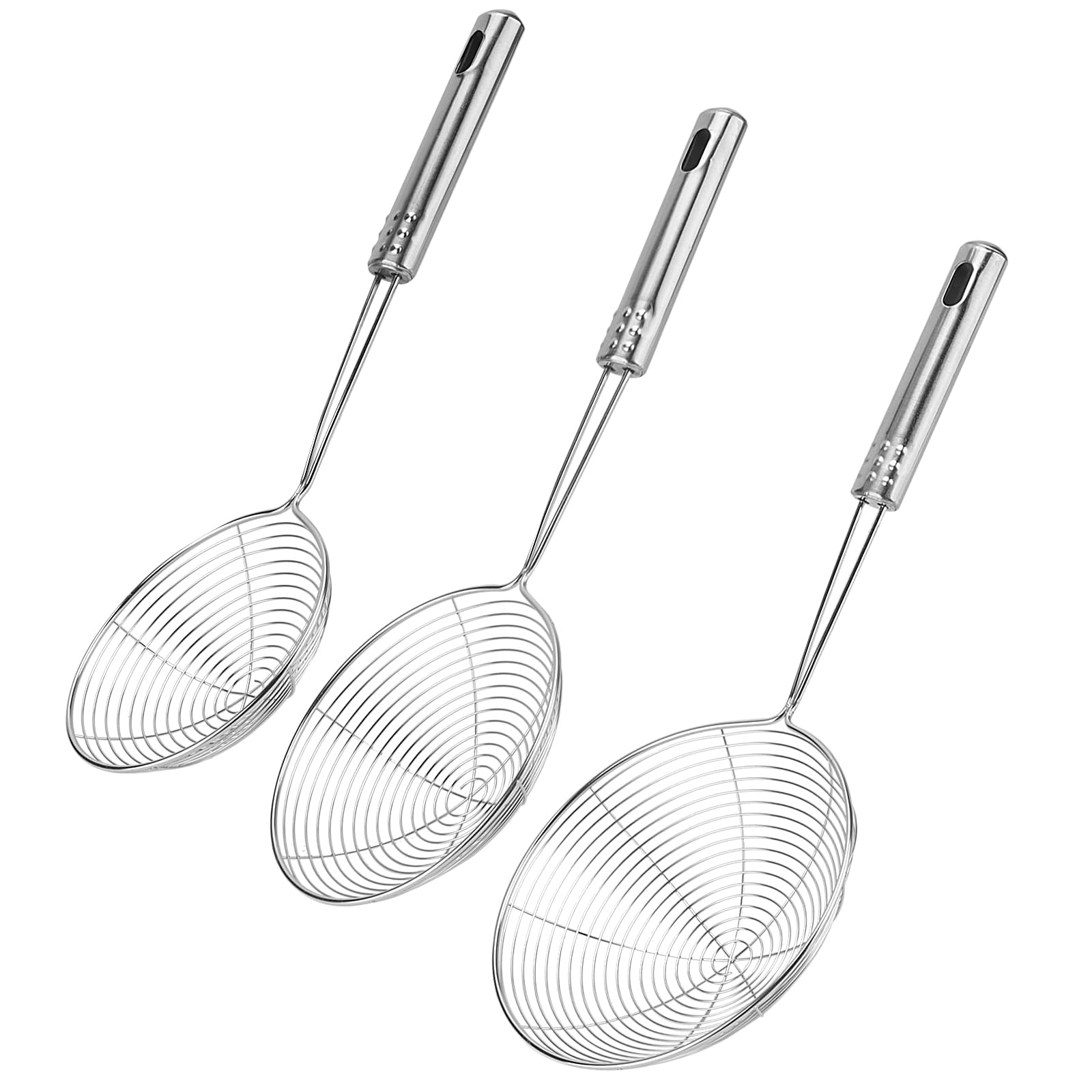3 cucchiai per ragnatela in acciaio inox, 12 cm, 13 cm, 15 cm, filtro per ragni in acciaio inox, con manico, scolapasta per cucinare, pentole calde, arrosti, colino per pasta