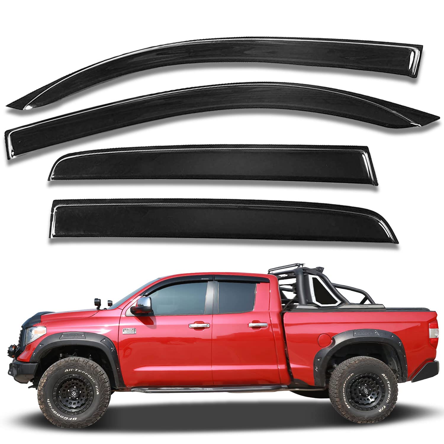 Photo 1 of APILT Tape-On Rain Guards Vent Visors Side Window Deflectors Dark Smoke 4-Piece Set for 2014-2021 Toyota Tundra Double Cab Medium