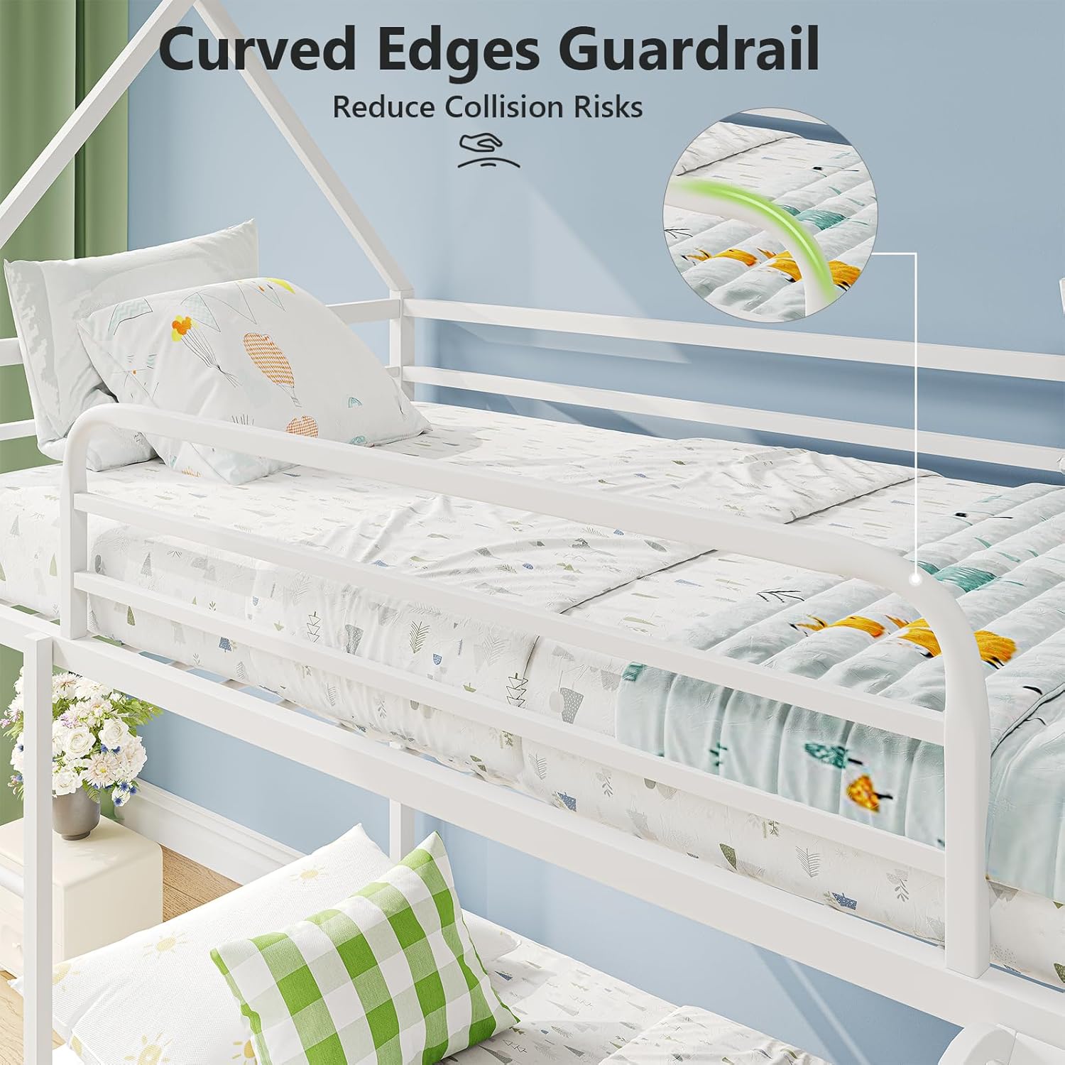 Metal Bunk Bed with Convertible Slide & House Roof Design - Twin-Over-Twin Low Frame | Full Guardrail, Montessori Style (White)