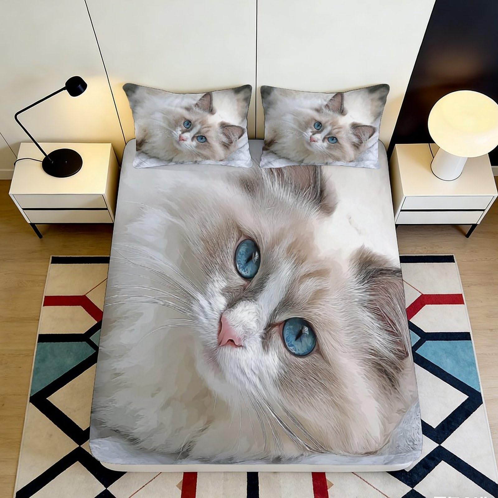 3D Printed Blue Eyed Cat Fitted Sheet Microfiber Soft Durable White Cat Mattress Cover for Bedroom Dormitory Guest Room Protection Decor 160x200x25cm