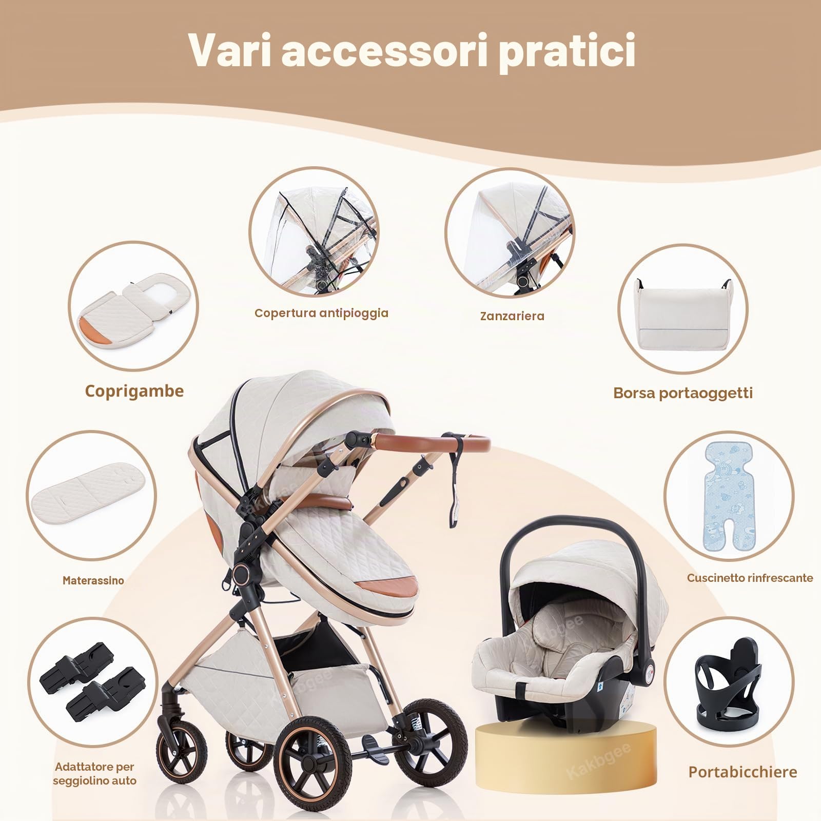 Passeggino 3 in 1 con Seggiolino Auto, Carrozzina Piegevole, 7-Altezza Regolabile, Sospensione 4 Ruote, Copripioggia e Zanzariera, Baby Stroller per Neonati 0-3 Anni (15kg), Grigio chiaro