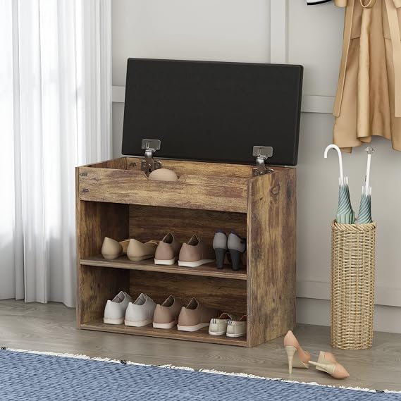 AIEGLE Storage Bench with Flip-up Door & 3 Compartments, Modern Entryway Bench with Padded Cushion, Wooden Shoe Bench Shoe Rack for Entryway, Bedroom, Hallway, Rustic Brown