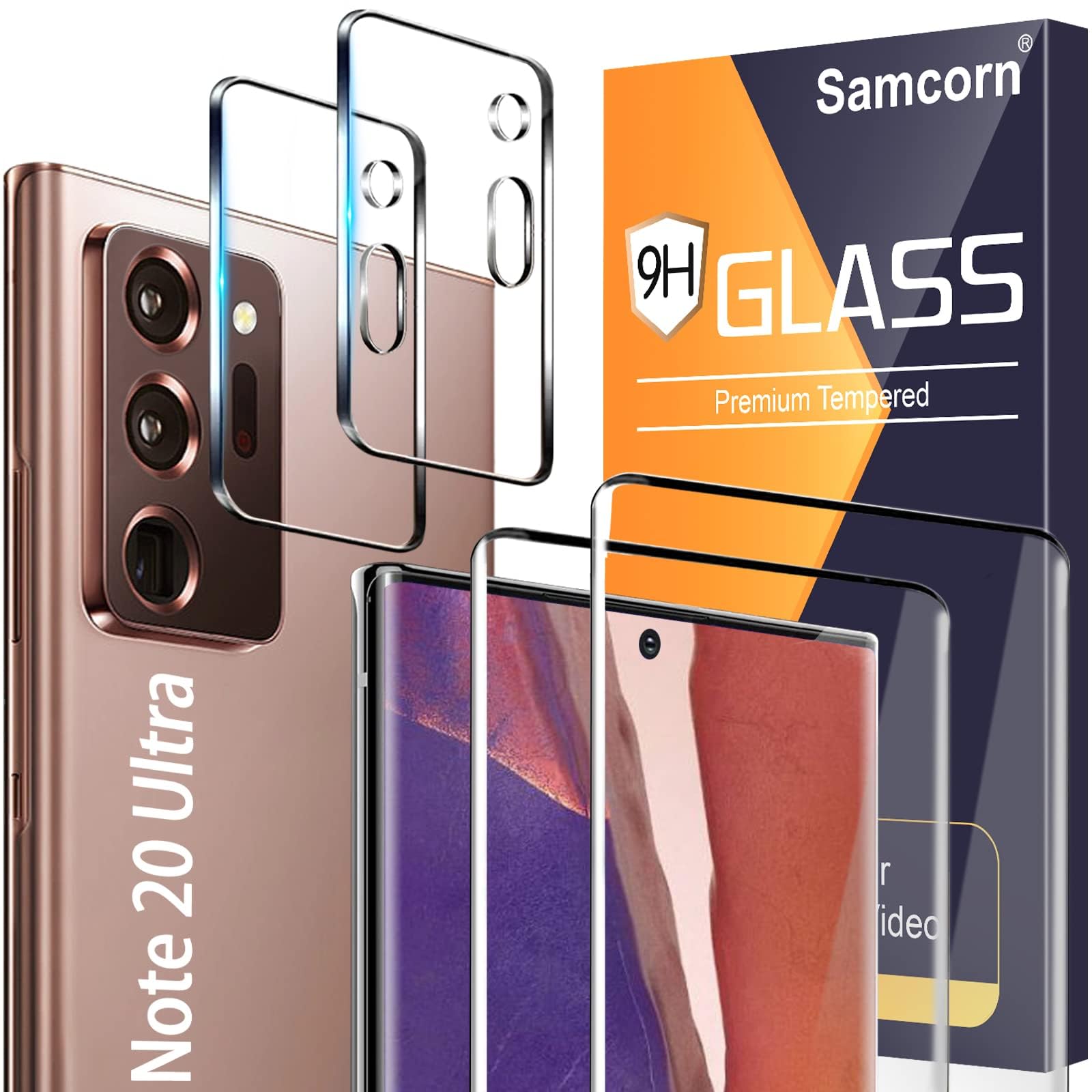 Samcorn [2+2 Pack] Screen Protector Samsung Galaxy Note 20Ultra/Note20 Ultra 5G,9H Tempered Glass,Ultrasonic Fingerprint Compatible,3D Curved,HD Clear,Bubble-Free Galaxy Note 20Ultra Glass Protector