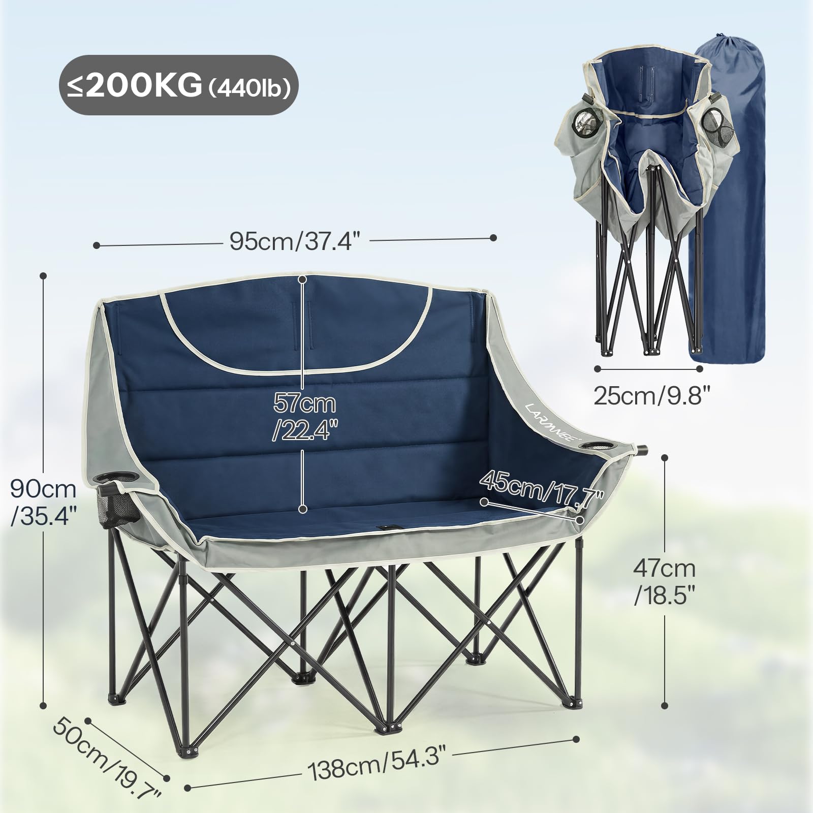 LARMNEE Sofá de Camping Plegable con 2 Portavasos, Sofá Doble de Camping, Ancho 50 cm, Silla Plegable con Carga de 200 kg, para 2 Personas, con Bolsa de Transporte, Pesca, Azul y Gris EBU03LC02