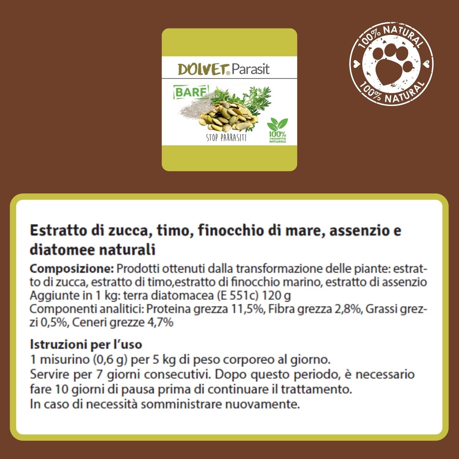 Dolvet Parasit Vermifugo per Cani e Gatti 70 grammi, Formulazione naturale sverminante, Combatte i Parassiti e Vermi dell'Intestino - Linea BARF