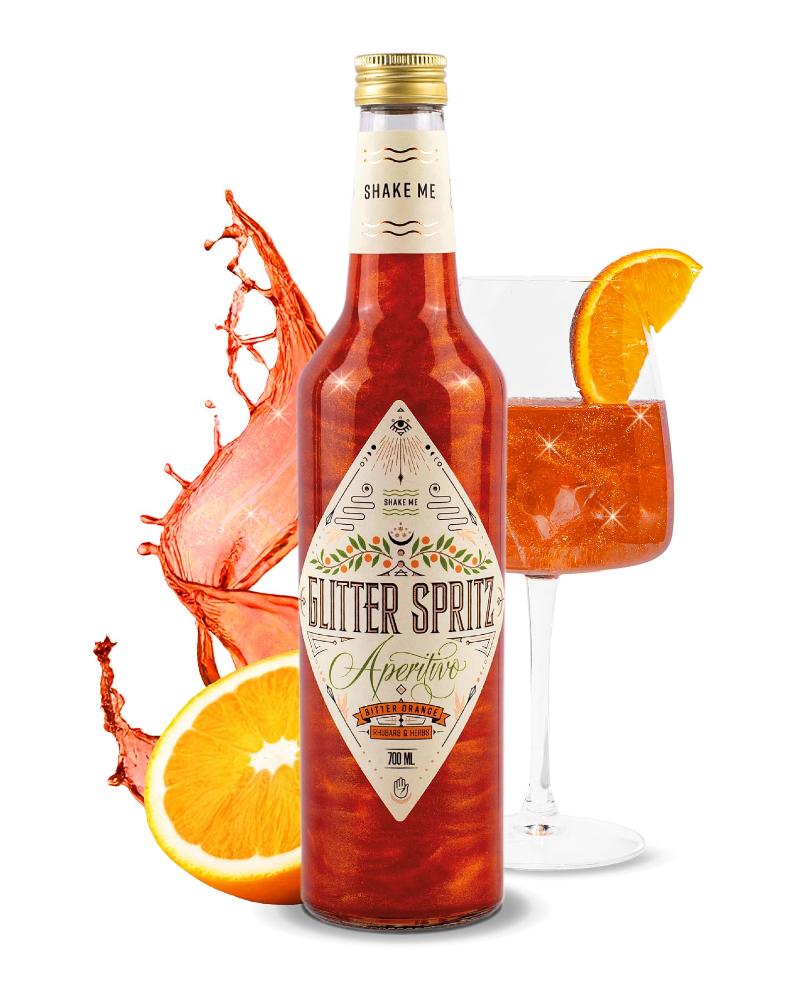 GLITTER SPRITZ by Bill Kaulitz - Das Original - Aperitivo 15% vol. - Glitzer Cocktail Aperitif mit Bitter Orange, Rhabarber & Kräutern für Glitzer Drinks Italian Spritz & besondere Anlässe (1 x 0,7L)