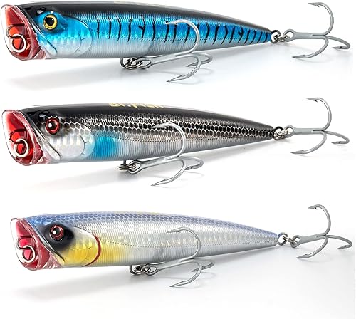 Dr.Fish Topwater Popper Señuelos de pesca de agua salada, 45.5 pulgadas GT Popper VMC anzuelos agudos señuelos de pesca para lubina, lucio, salmón