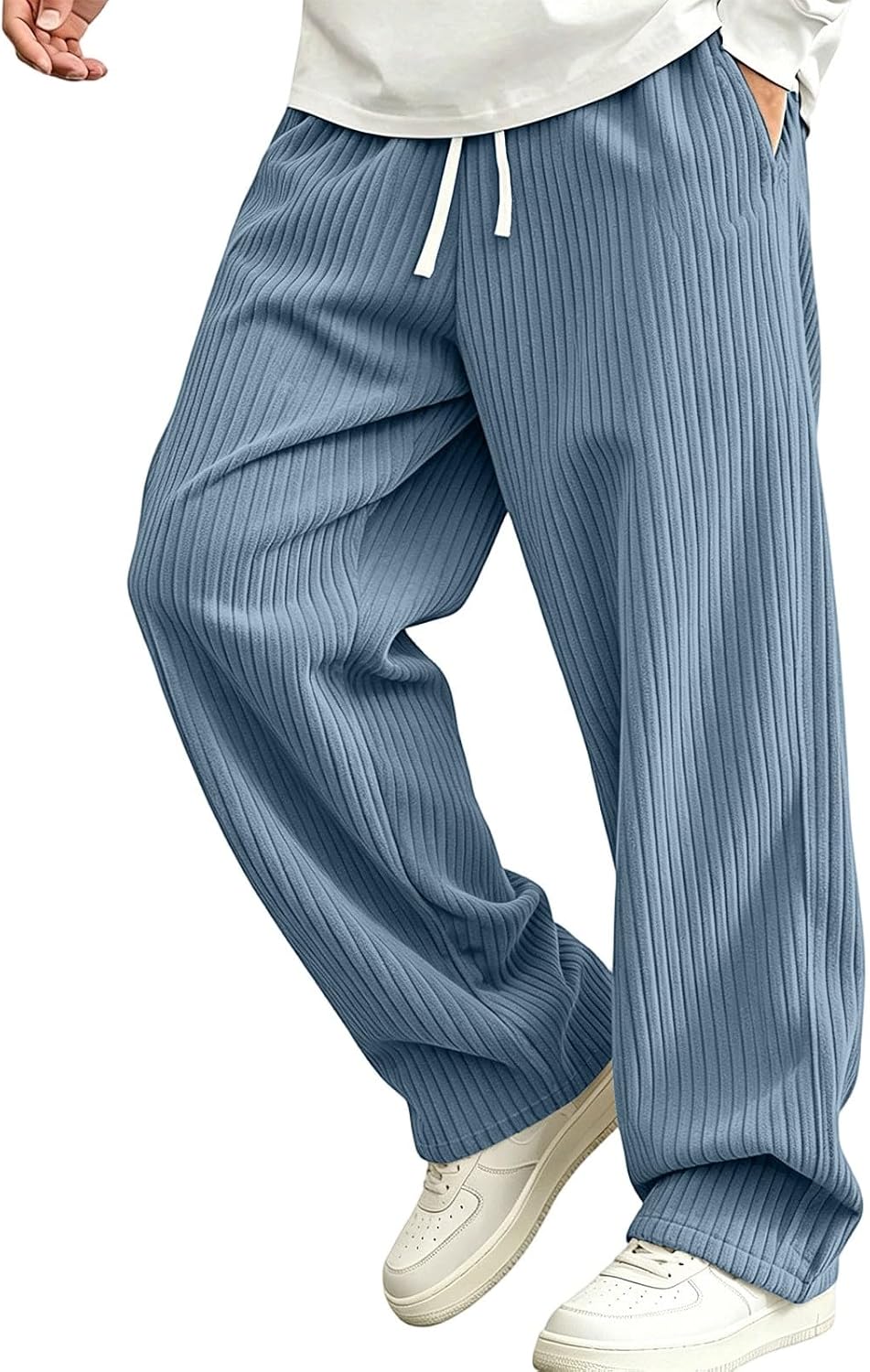Men Drawstring Corduroy Wide Leg Pants Loose Trousers with Pockets | Elastic High Waist,Side Pockets,Straight Leg,Breathable Comfort,Solid Color,for Daily Wear,Casual Outings,Street Fashion