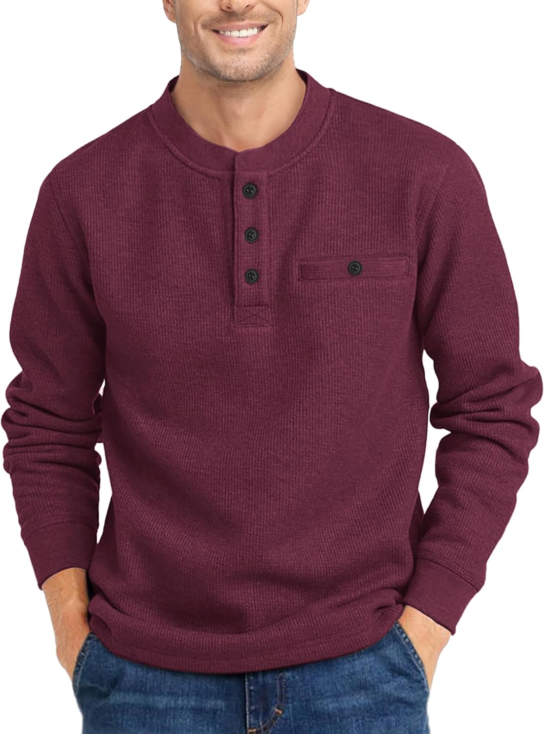 PRIVIMIX Mens Waffle Henley Long Sleeve Cotton Casual T-Shirt Fashion Three Button Pullover with Pocket