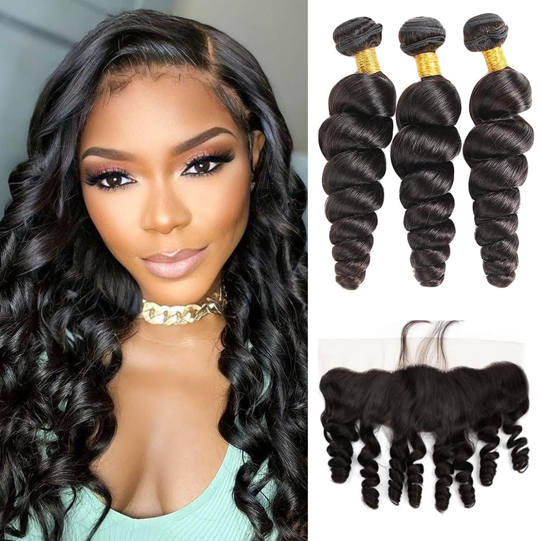 Loose Wave Bundles with Frontal Human Hair (14 16 18+12) 13x4 Lace Frontal with Bundles 100% Human Hair Loose Wave Bundles Human Hair with Frontal