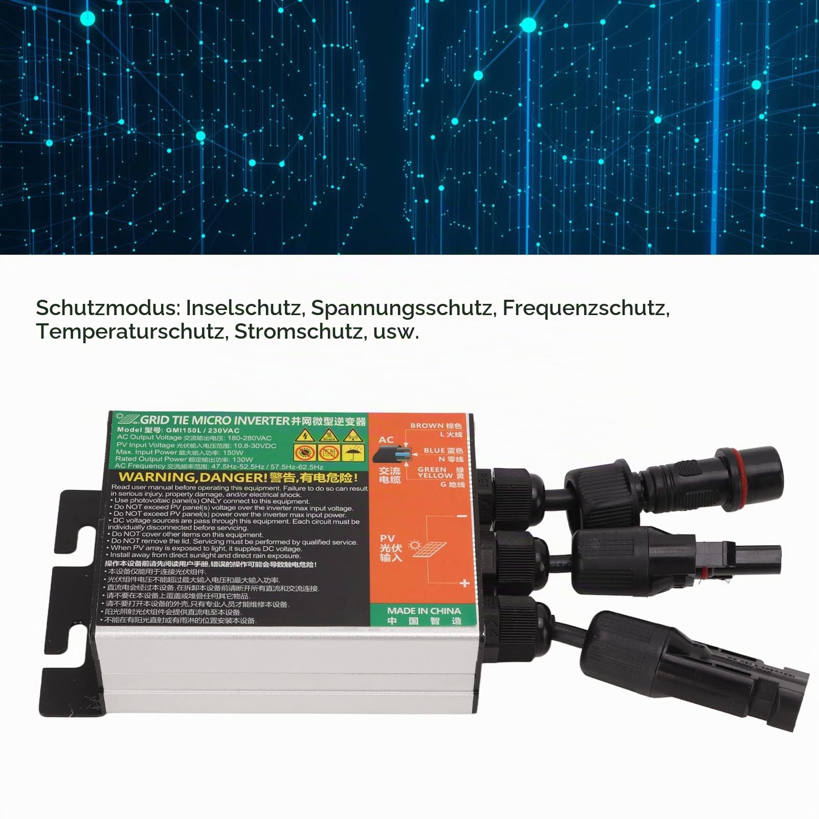 Micro Solar-Wechselrichter 150 W 230 V, Solar Grid Tie, automatische Identifizierung Wechselrichter für kleine Solare, Eingang von 10,8 V bis 30 V DC zu AC Ausgang von 180 V bis 280 V Grid Tie MICR
