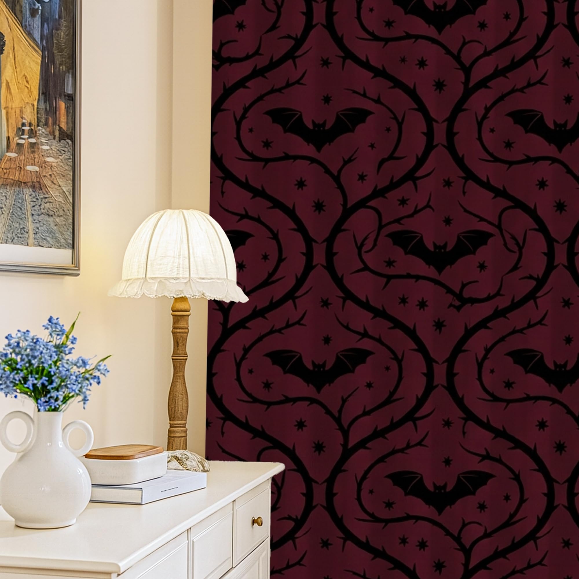 Rideaux occultants motif chauve-souris bordeaux pour salon 132x213 cm