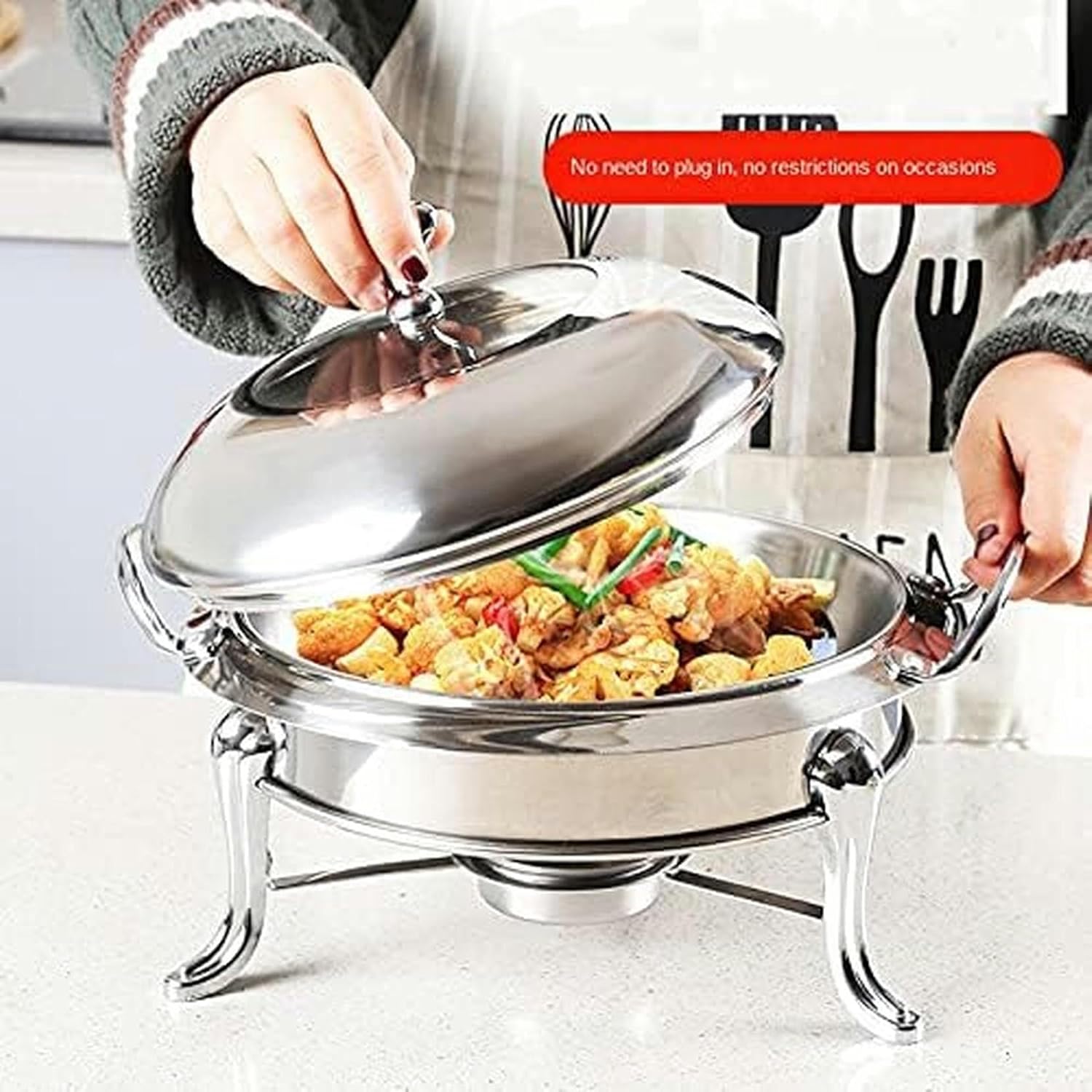 Stainless Steel Round Buffet Chafer Set, Food Tray Warmer with Pans & Fuel Holder for Parties, Events, Weddings, and Catering(18cm) (Silver 28cm)
