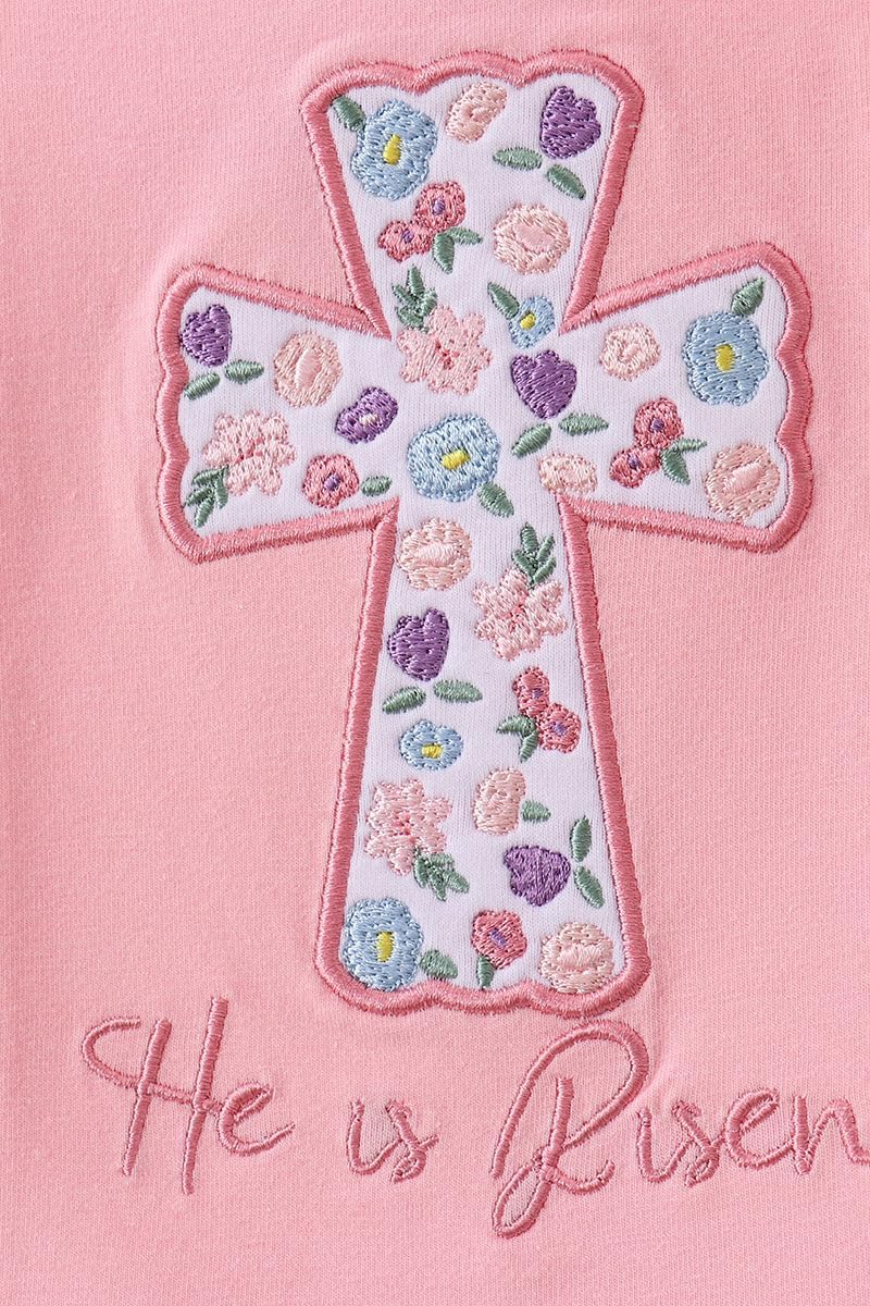 abby&evie Pink floral cross embroidery ruffle bubble
