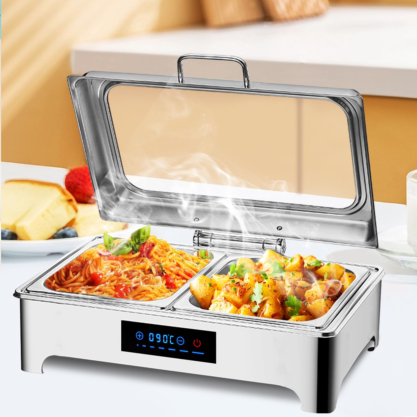 Chafing Dish Buffet Electrico, Profesional Calentador de Buffet Electrico, Food Warmer Buffet Server para Catering y Fiestas, 9L, 400W, 220V, Acero Inoxidable (1/2)