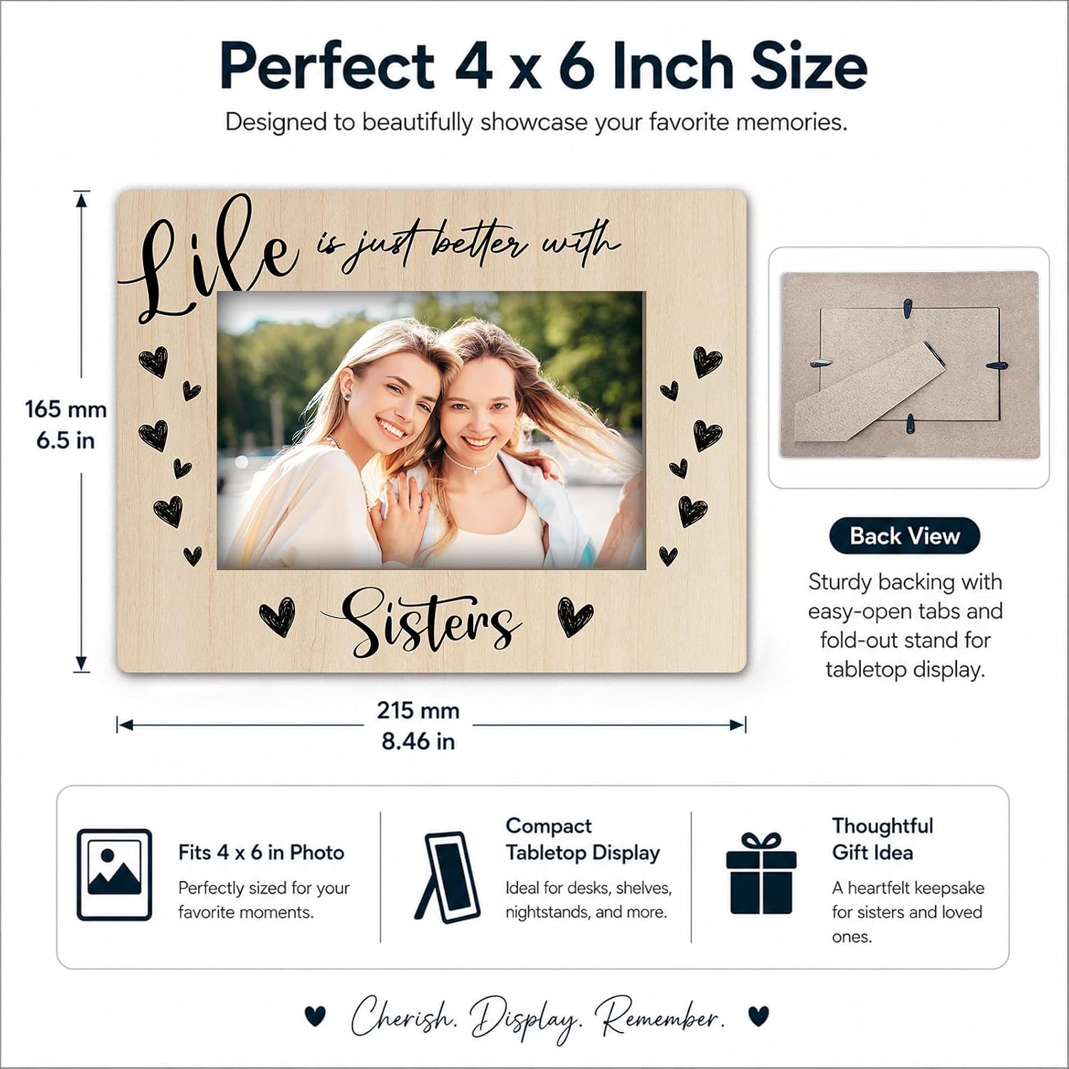 Sisters Friends Picture Frame 4x6, Life is Just Better with My Sisters,Heart pattern Birthday Graduation Sister's Gifts Ideas, Wooden Tabletop Photo Frame for Home Office Desk Decor - A07 image 2