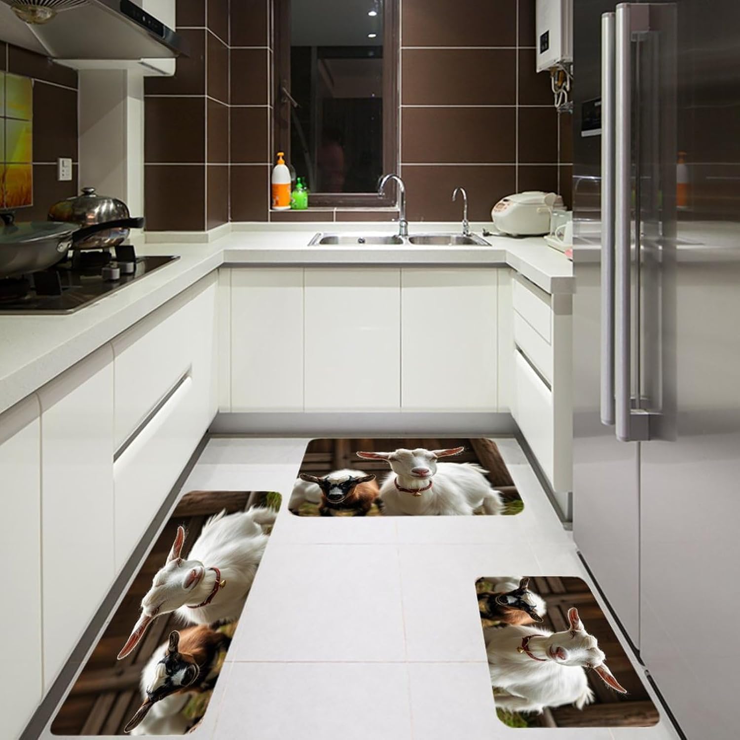 Cute Goat Kitchen Mats for Floor 3PCS Waterproof Low-Profile Kitchen Rugs Floor Mat Non Slip Anti Fatigue Mats Comfort Standing Mat Runner Rug Area Rug 6"x24"+20"x31"+17"x47"