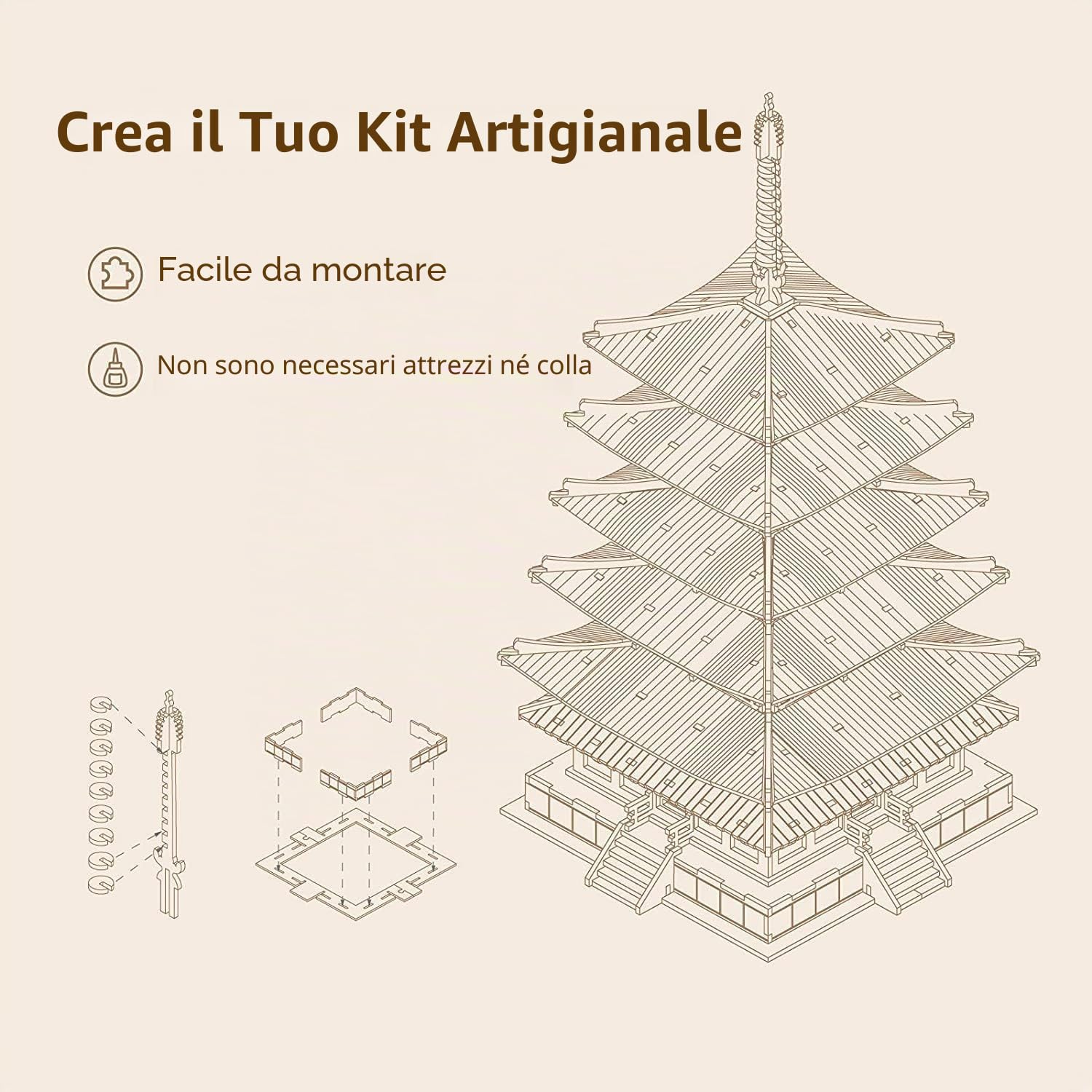 RoWood Puzzle 3D Legno Modellismo da Costruire Adulti, Modellini da Costruire per Adulti (Pagoda a Cinque Piani)