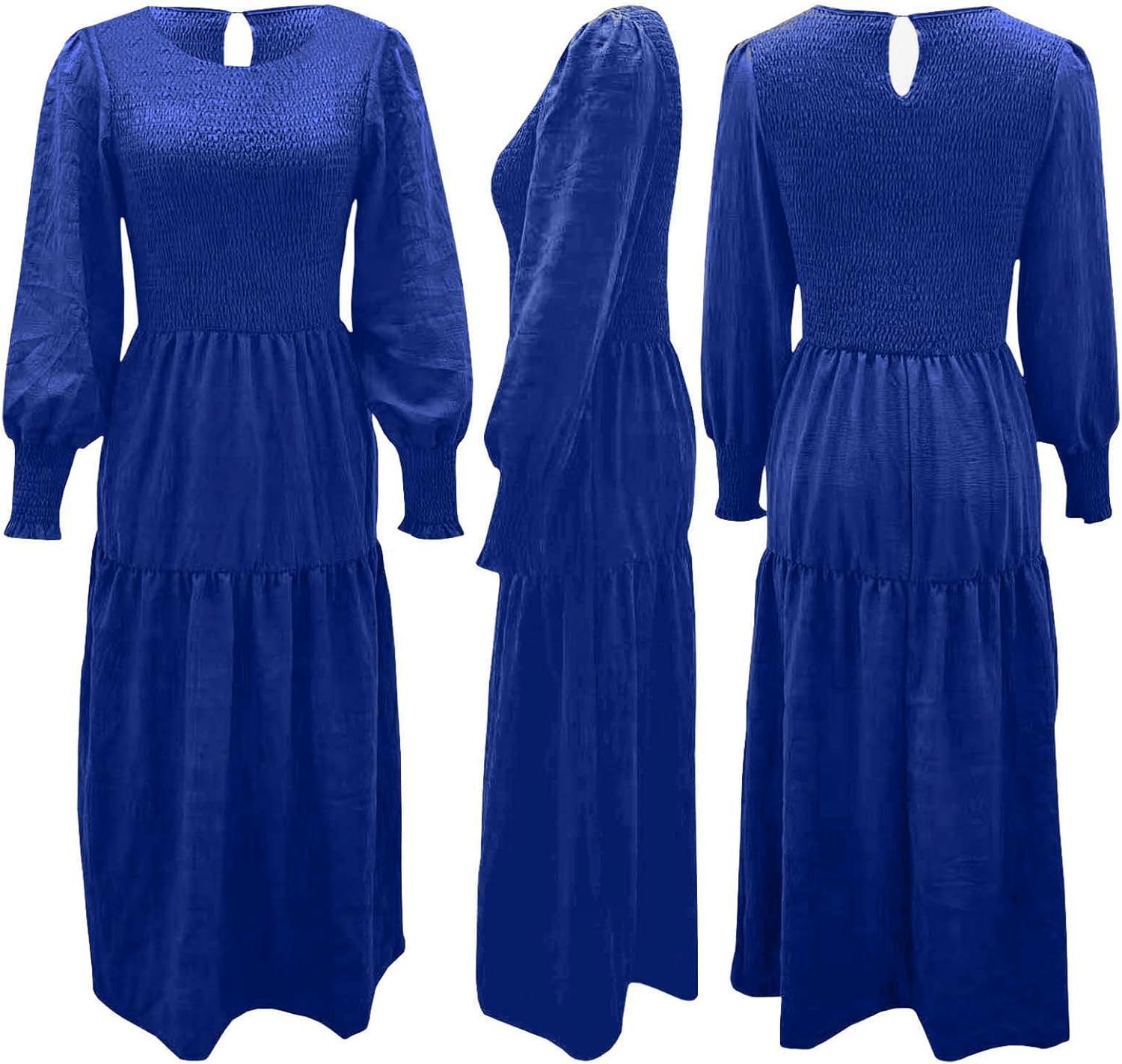 Sexyshine Women's Puff Long Sleeve Smocked Tiered Long Dress Crewneck High Waist A Line Holiday Party Flowy Dresses - Image 3